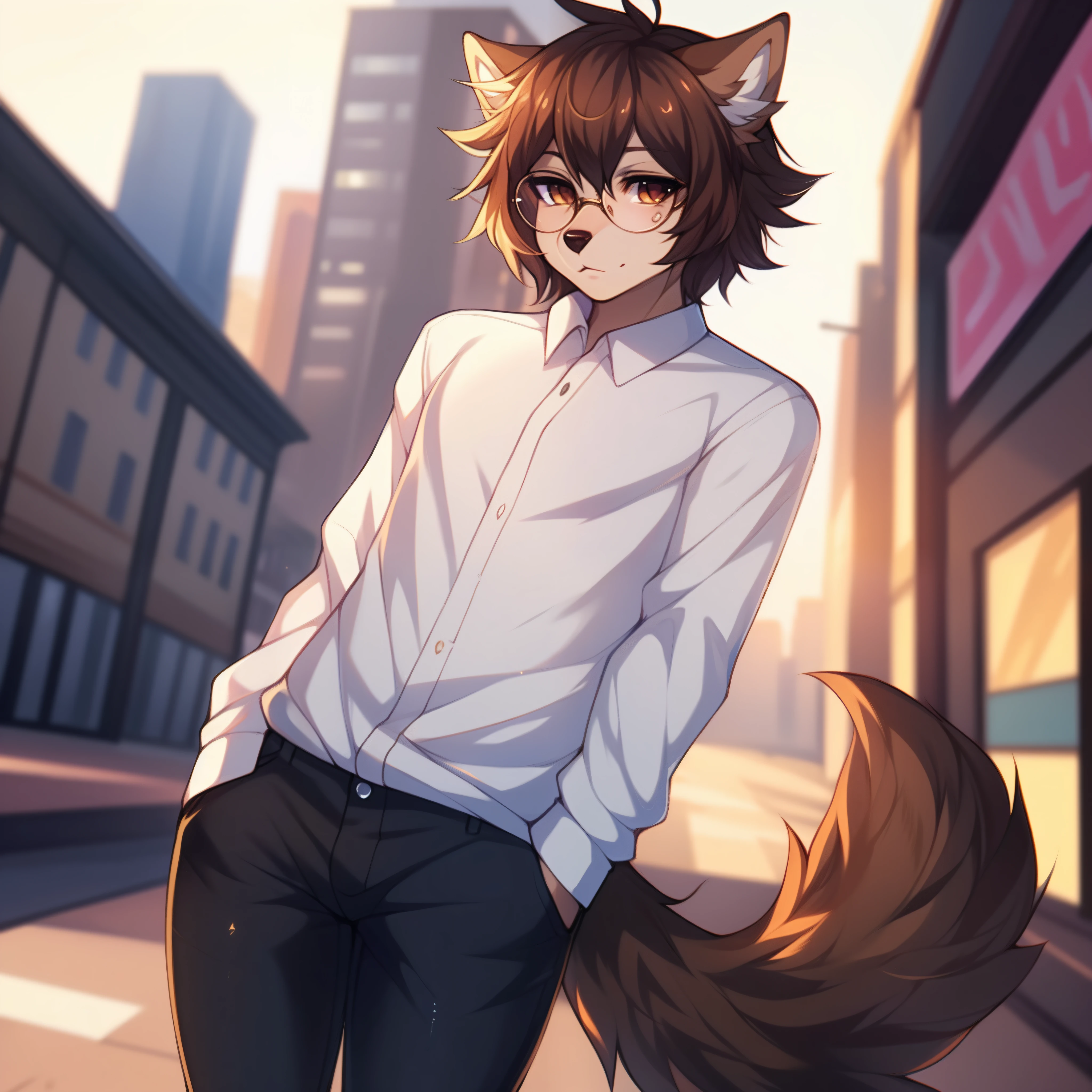 By fumiko, by hyattlen, by claweddrip, a tan male furry wolf, cute snout, tan ears, brown shaggy hair, clear glasses, brown wolf tail, wearing long sleeve shirt, black skinny jeans, black flats, standing, solo, in a city