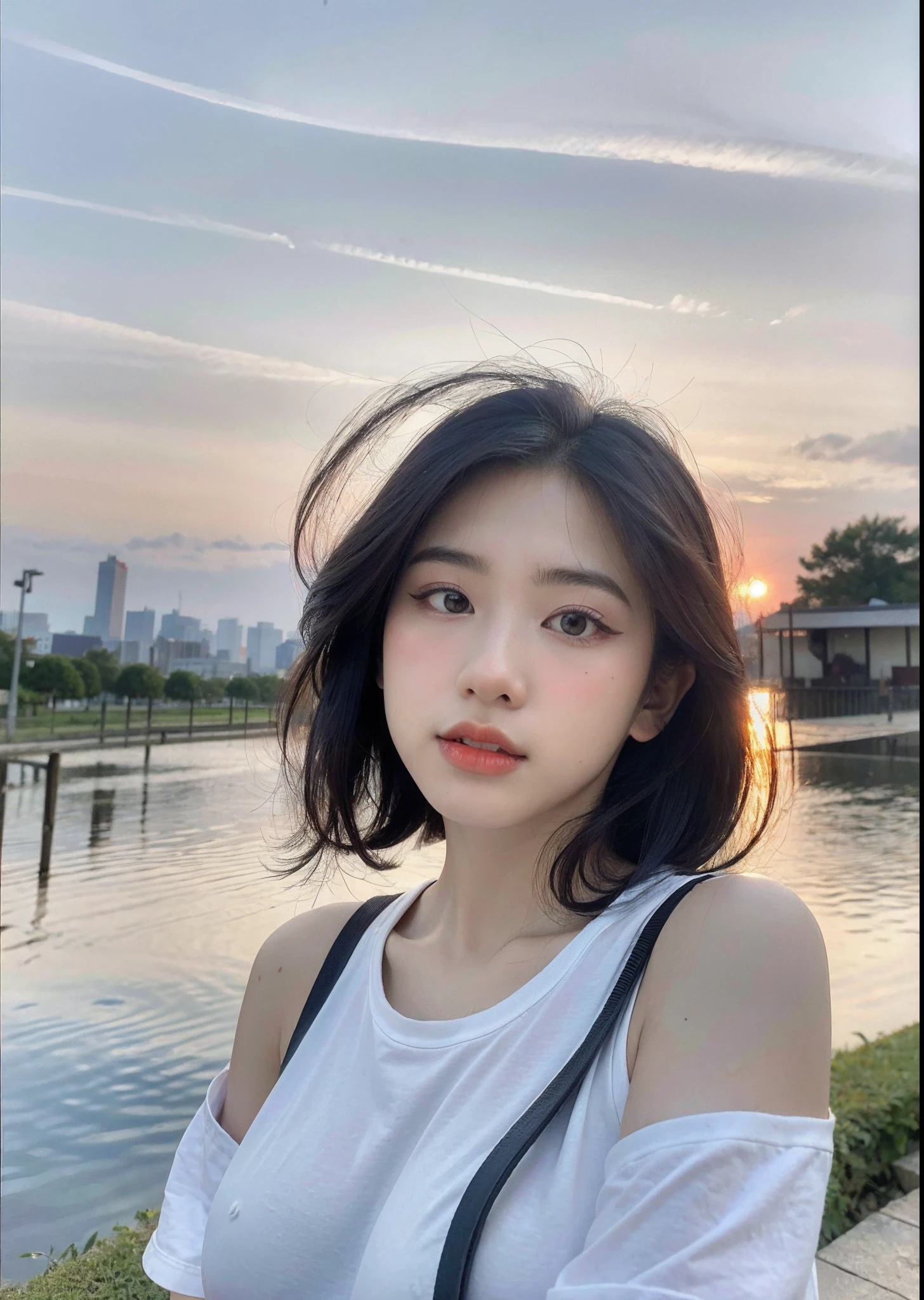 (beste-Qualit, 10, 10, masterpiece, UHD: 1.2), Photo of Pretty Japanese woman,20 age, Short black hair, Beauty Face, (Lean forward: 1.3), Seated, (From Top: 1.2), (Up Close: 1.4), P.P.G, japan school uniform, large boobs, outdoor, high wind, oily shiny skin, Blurry Background,