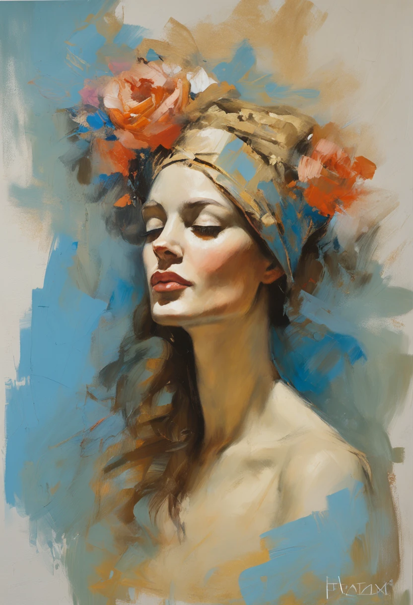 An old painting of a woman wearing a brown dress, impressionist style, retro, foggy forest, close to face, close up, face only, woman with tanned skin, brown eyes, colorful pallete, 