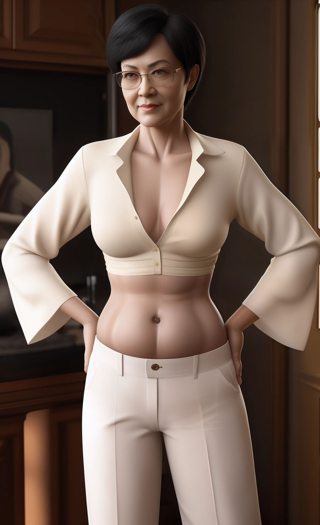 spectacled elderly confident elderly cheeky executive woman in a creamy unbuttoned unglued tight stretched silk midriff-shirt and beige very low-rise pants posing, normal chubby tummy, 3 d render of a slender female body, with chubby belly, feminine and normal, sweaty belly, bruce lee as a woman, photorealistic normal body, normal body with sexy chubby belly, skimpy clothed. painting of sexy, fresh fleshes, digital art of an elegant older lady