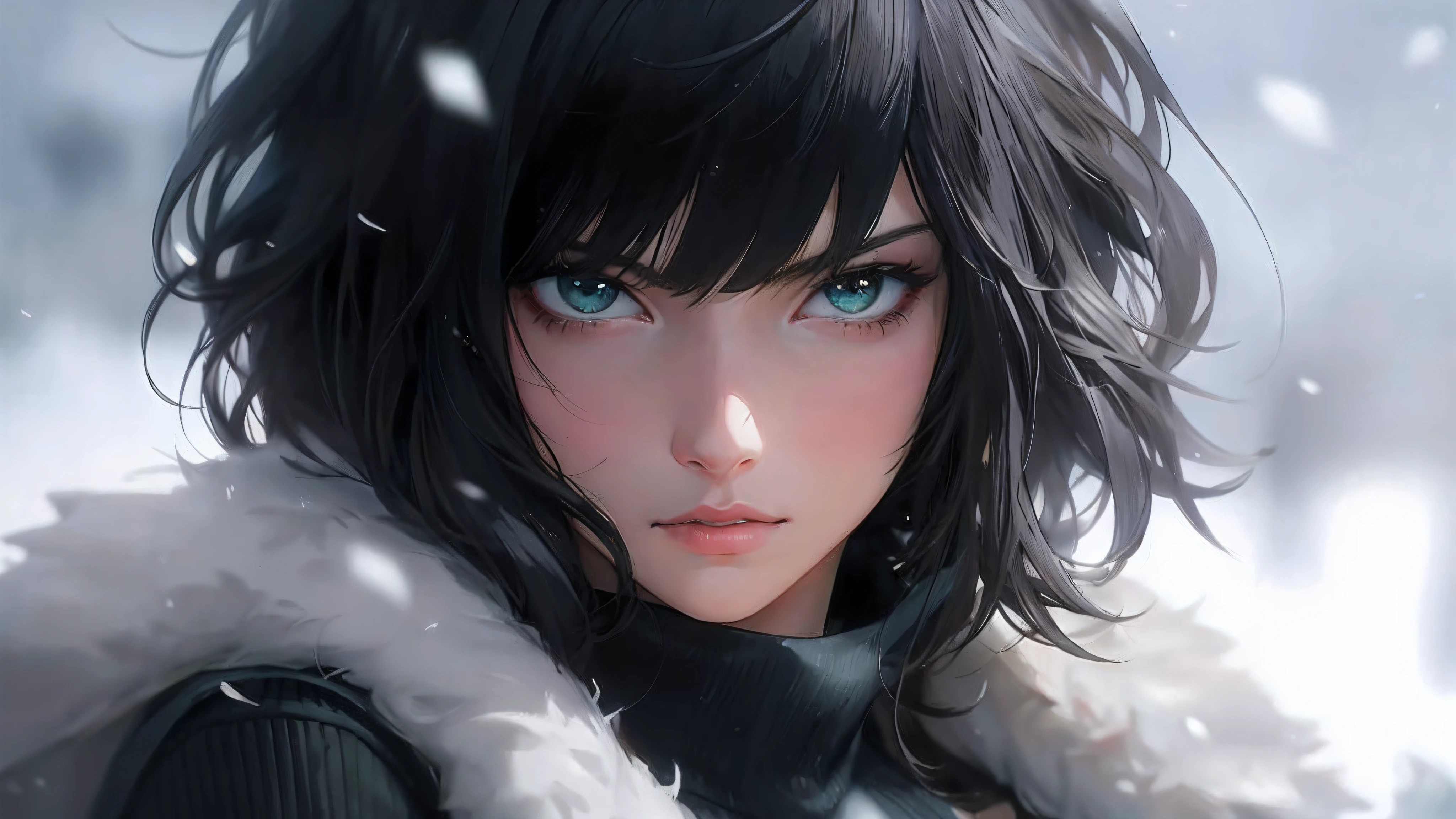 Menina anime com cabelo preto e olhos verdes na neve, retrato impressionante do rosto do anime, retrato detalhado da menina do anime, retrato bonito do anime, arte de anime digital detalhada, arte de anime realista, arte de anime digital, arte cg anime suave, estilo realismo anime, retrato da menina anime, cara de anime bonita, realistic anime art style, menina anime retrato, Artgerm extremamente detalhado