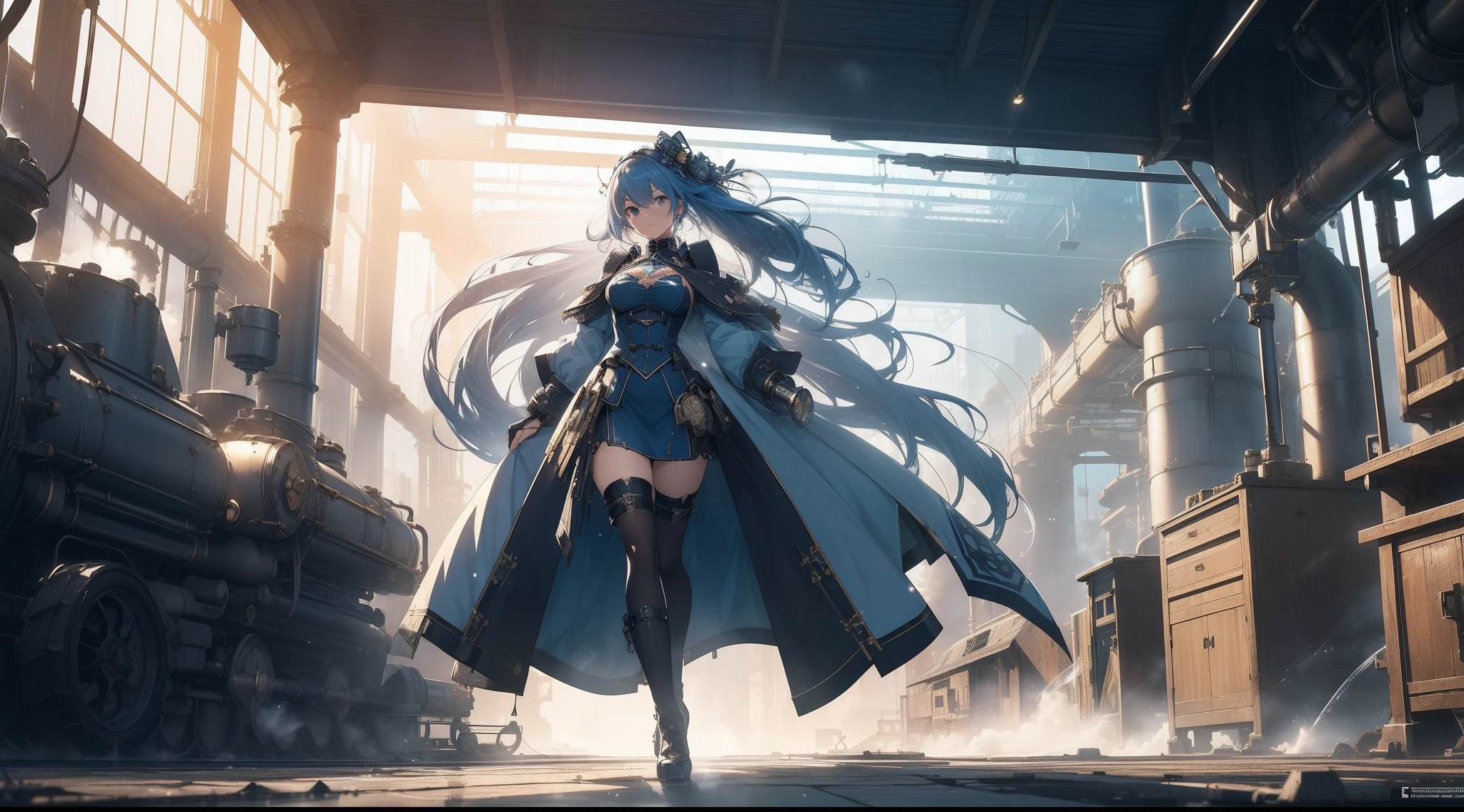 masutepiece, 8k,超A high resolution, Top resolution, Accurate rendering, Beautiful and smooth depiction, Overhead view, Very cute woman in anime style, Autumn makeup, Eyes drawn in great detail, Wearing a high-level dress in Victorian steampunk style, Costume with built-in water cooling mechanism, Blue straight hair, ((Intricately designed piping and gear, Sky blue coat adorned with countless gears and chronometers, Full body, Abundant steam, )), zoomout, high sky, Galaxy Images, Perspective, ((Faint smile)), Emitting countless nixie lights, (((A retro Victorian-style industrial city surrounded by rugged valleys, Countless factories, An industrial city built with countless gears and pipes, Bright city decorated with nixie lights, Steam overflow, Spatial expanse, Sunlight is covered with steam, Random structure))), (((radiant light, Splash expression))), Cleanly rendered, Smooth Rendering, Detailed rendering, ink drops, splashart,