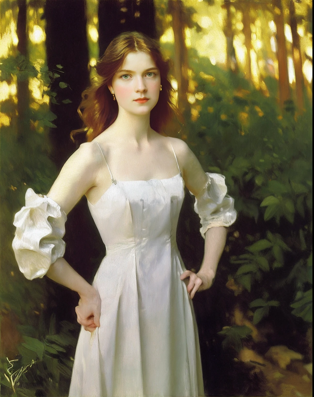 ((( Singer Sargent oil painting ))) young 21 year old redhead siberian woman ((( slanted eyes ))) long shot, shoulder length hair, corkscrew hairstyle, satin dress, strapless, painting art ,forest at twilight, soft ligth out of focus background, Large strokes ,Easy brushstrokes, textured