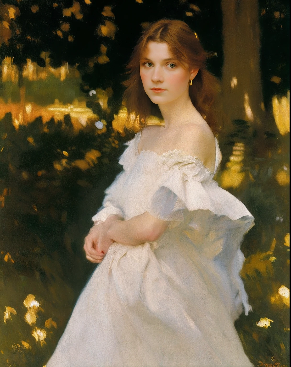 ((( Singer Sargent oil painting ))) young 21 year old redhead siberian woman ((( slanted eyes ))) long shot, shoulder length hair, corkscrew hairstyle, satin dress, strapless, painting art ，forest at twilight, soft ligth out of focus background, Large strokes ，Easy brushstrokes， textured