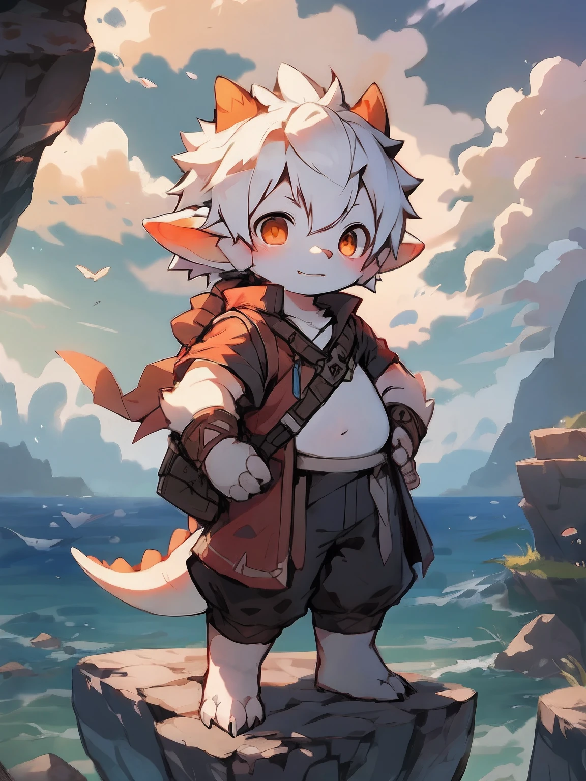 anime - style image of a young boy standing on a rock in front of the ocean, concept art by Shitao, Pisif, trending on artstation pixiv, Guviz-style artwork, lalafell, Guviz, Guweiz on ArtStation Pixiv, young male anthro dragon,White scales,White hair,Close-up photos,(Slightly fat)