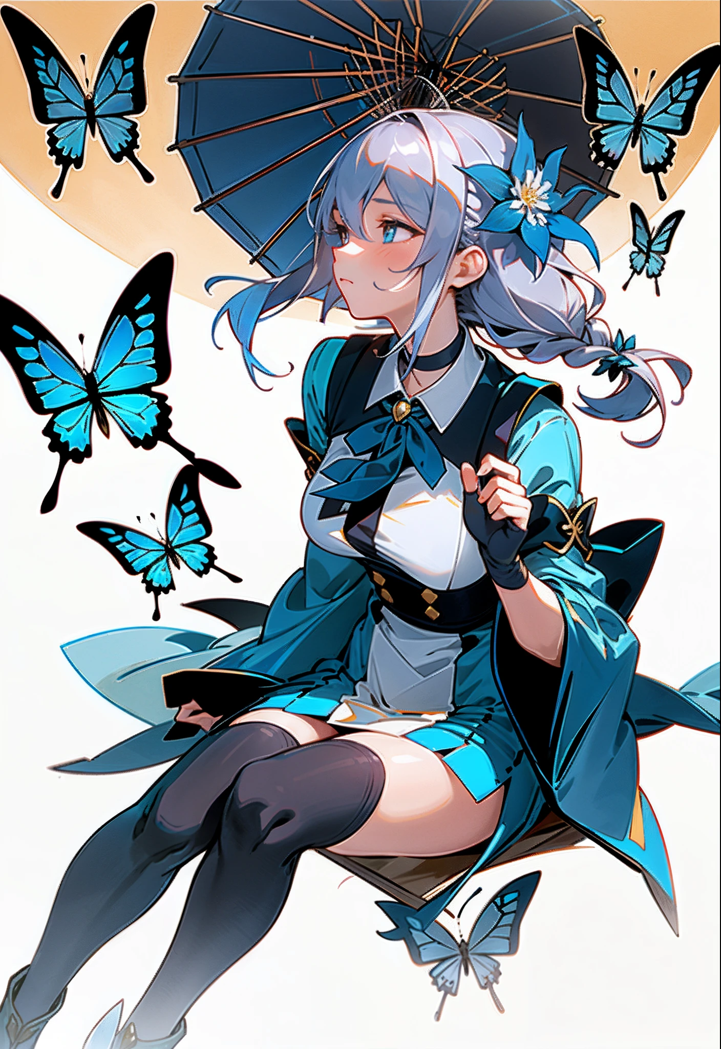 21charturnerv2,charturnbetalora,shinkai makoto,kimi no na wa.,(fantasy:1.4), (azure blue eyes:1.233),Her eyes shone like dreamy stars,(glowing eyes:1.233),(beautiful and detailed eyes:1.1),(Silver hair:1.14),(messy hair,very long hair,french braid,hair between eyes,sidelocks), (+(bule hair flower:1.14)),(chiffon dress,bule flower pattern in uniform)/=(military uniform:1.24),(detached sleeves,wide sleeves),(fingerless gloves),choker,(miko thighhighs),High heeled boots,(expressionless,closed mouth),(standing),dreamy,soul,(fluorescence),(flying translucent blue butterflies:1.15), [[delicate fingers and hands:0.55]::0.85],(detail fingers),white background, full body,bule theme,golden background