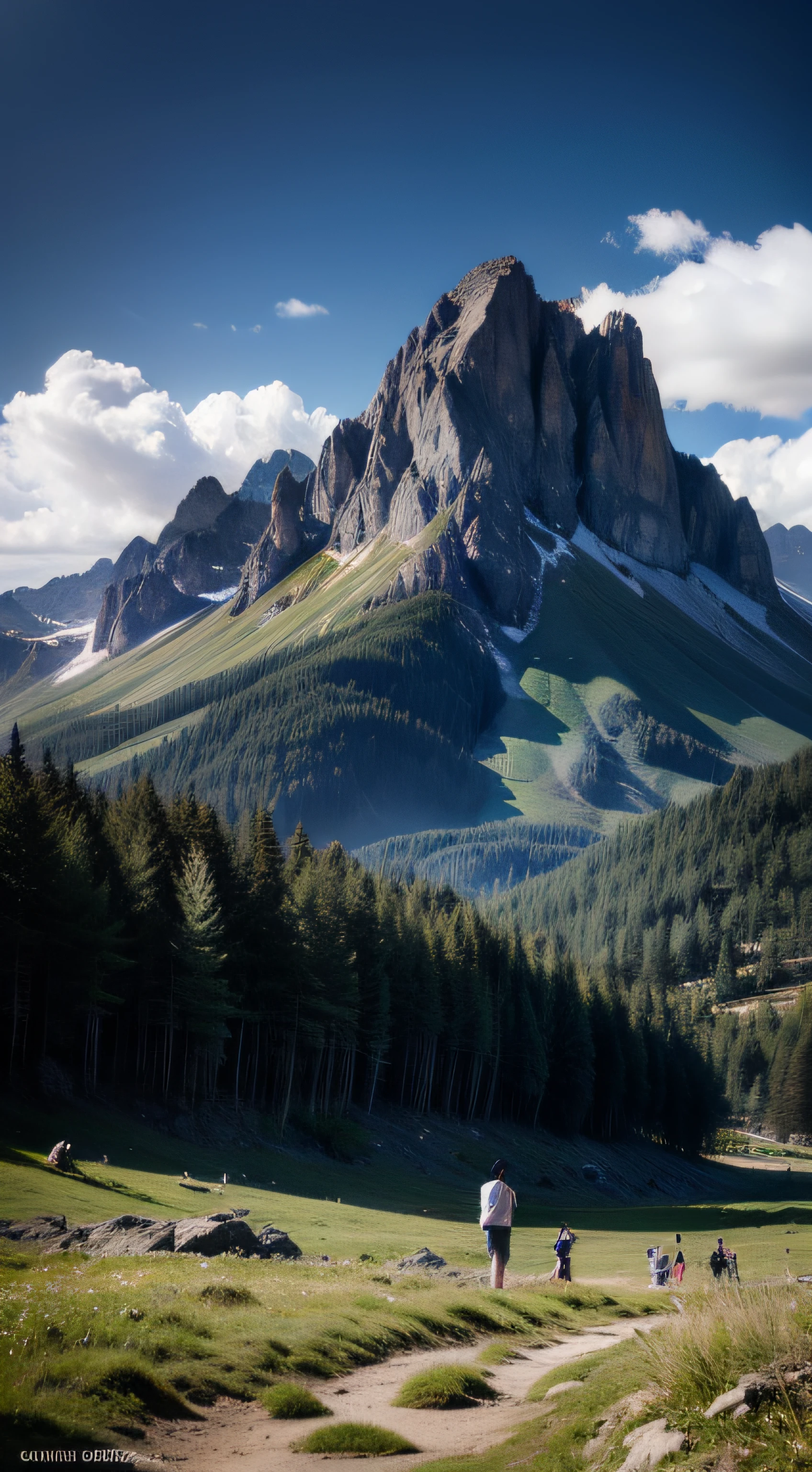 "Highly detailed RAW color Photo, Rear Angle, a stunning high-resolution landscape with majestic clouds towering overhead, accompanied by a mesmerizing lens flare, (mountains:1.1), (lush green vegetation),  (highly detailed, hyperdetailed, intricate), (lens flare:0.7), (bloom:0.7), particle effects, raytracing, cinematic lighting, shallow depth of field, photographed on a Sony a9 II, 50mm wide angle lens, sharp focus."