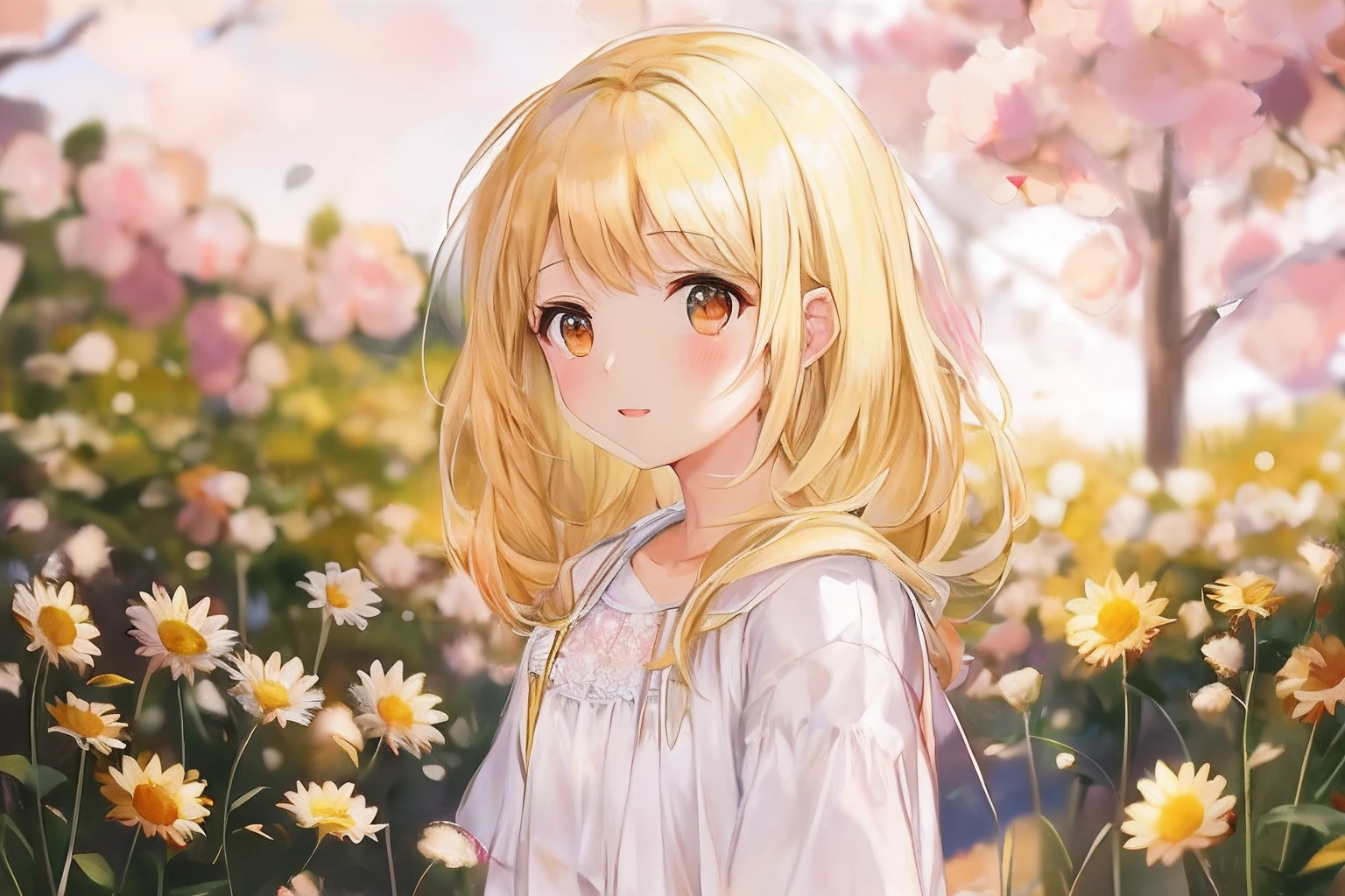 Chica rubia en el campo lleno de flores, camisa blanca y chaqueta rosa