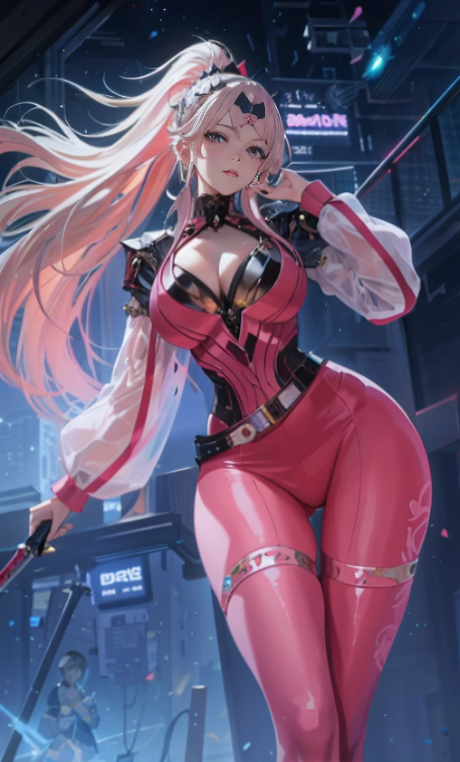An extremely detailed Artgerm-style pink dress woman,Hold the sword and pose | Art germ, IG model | Art germ, Range Murata and Artgerm painting styles | Rosla 1.0, rossdraws cartoon vibrant | rossdraws 2.0, an oppai cyberpunk, top Quority, best qualtiy