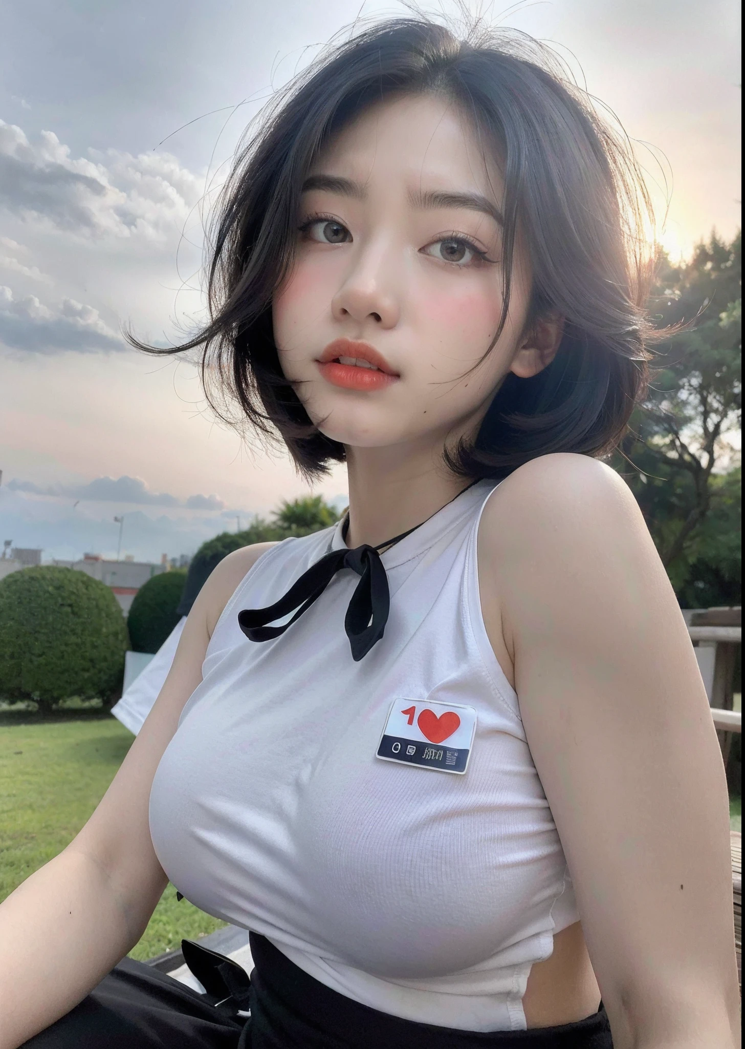 (beste-Qualit, 10, 10, masterpiece, UHD: 1.2), Photo of Pretty Japanese woman,20 age, Short black hair, smirk, Beauty Face, (Lean forward: 1.3), Seated, (From Top: 1.2), (Up Close: 1.4), P.P.G, japanese school uniform, large boobs, outdoor, high wind, oily shiny skin, Blurry Background,
