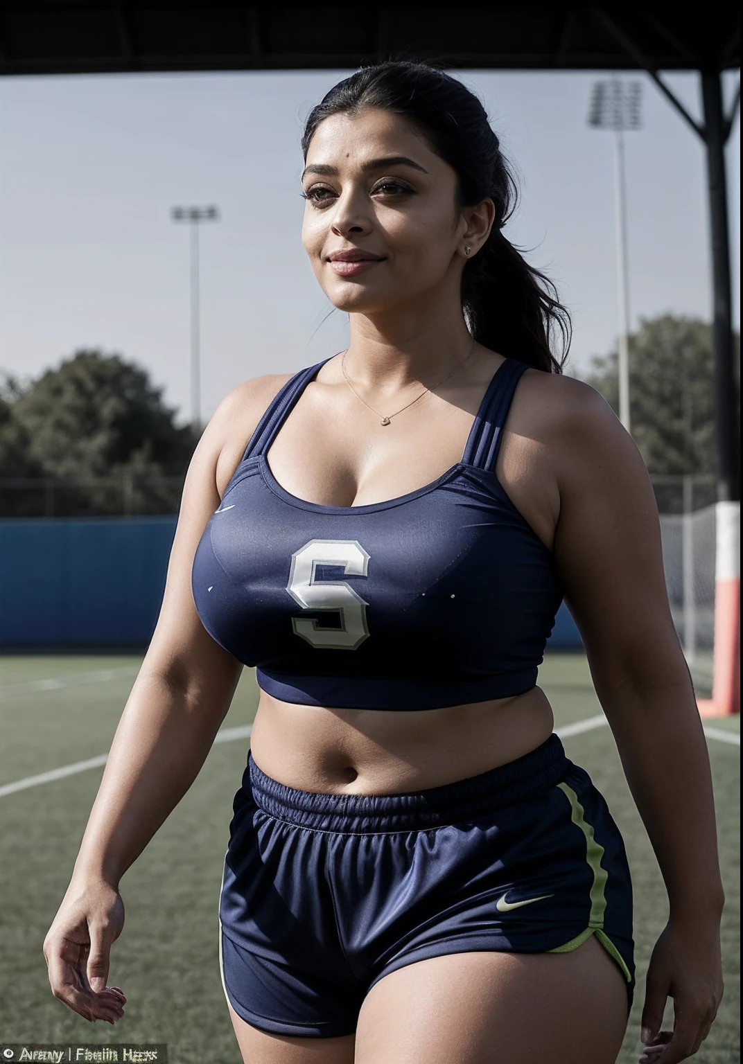 Aishwarya Rai as football player, no bindi, blue micro mini shorts, athletic mature curvy milf figure, micro strapless top, football boots with high socks, breasts out, healthy milf figure, ponytail hair, posing outdoors in football field for boys, bright sunny day, big breasts, seductive face, look at camera and smile, erotic adult face, 45 yo, volumetric lights, intricate details, (ArtStation:1.2)