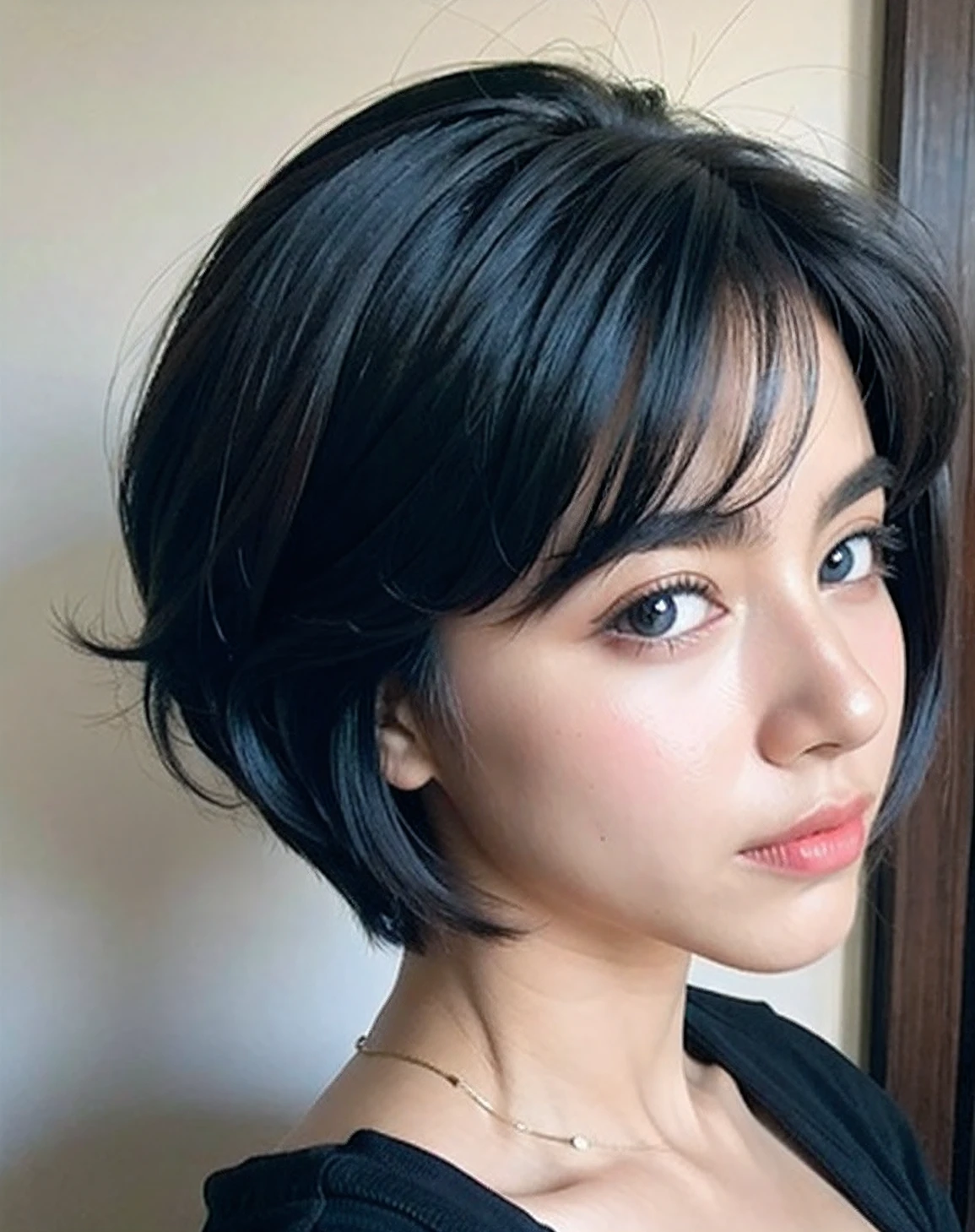 linda, ela tem os cabelos ruivos ,she's a teenagYour hair is short, your eye is blue