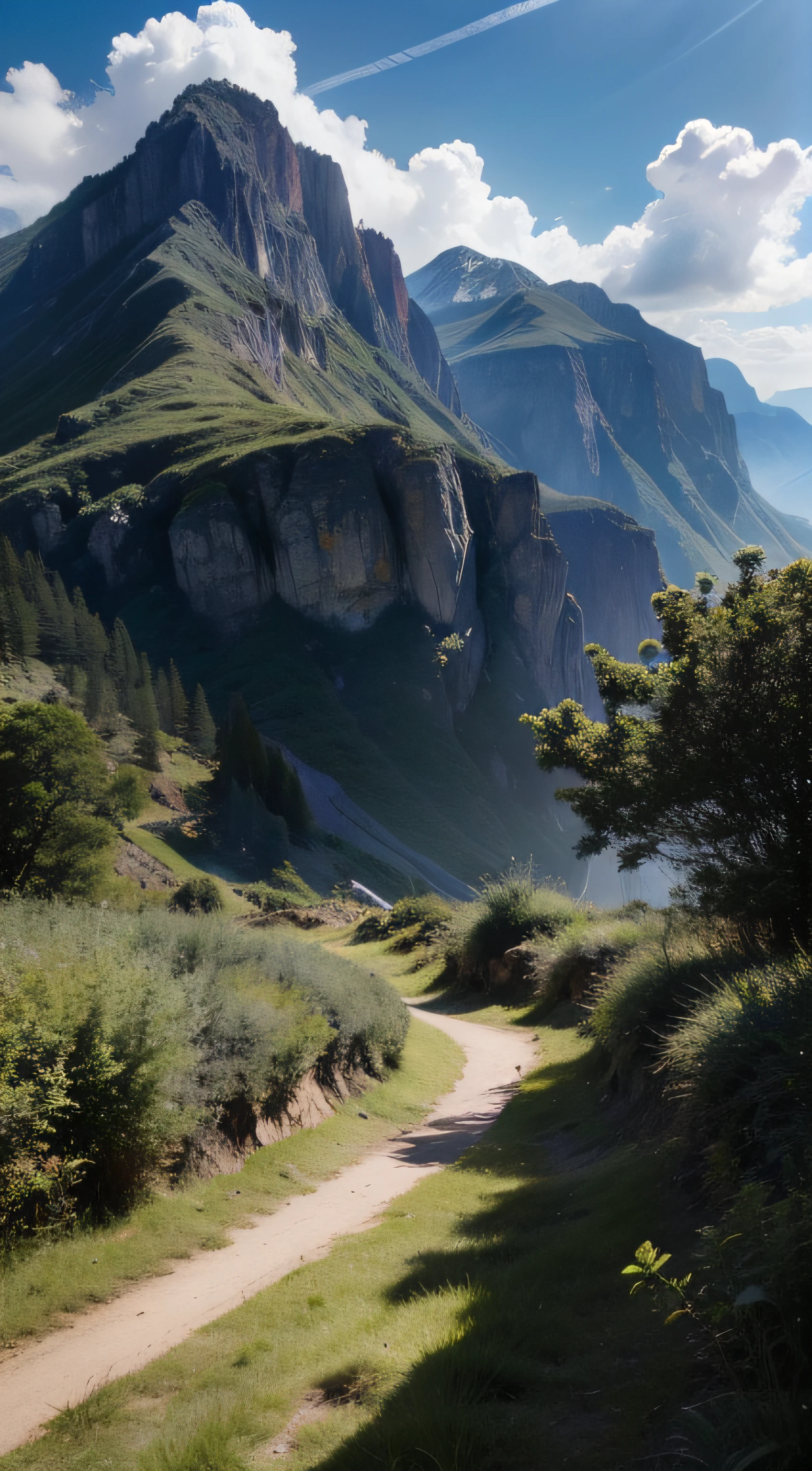 "Highly detailed RAW color Photo, Rear Angle, a stunning high-resolution landscape with majestic clouds towering overhead, accompanied by a mesmerizing lens flare, (mountains:1.1), (lush green vegetation), (highly detailed, hyperdetailed, intricate), (lens flare:0.7), (bloom:0.7), particle effects, raytracing, cinematic lighting, shallow depth of field, photographed on a Sony a9 II, 50mm wide angle lens, sharp focus."