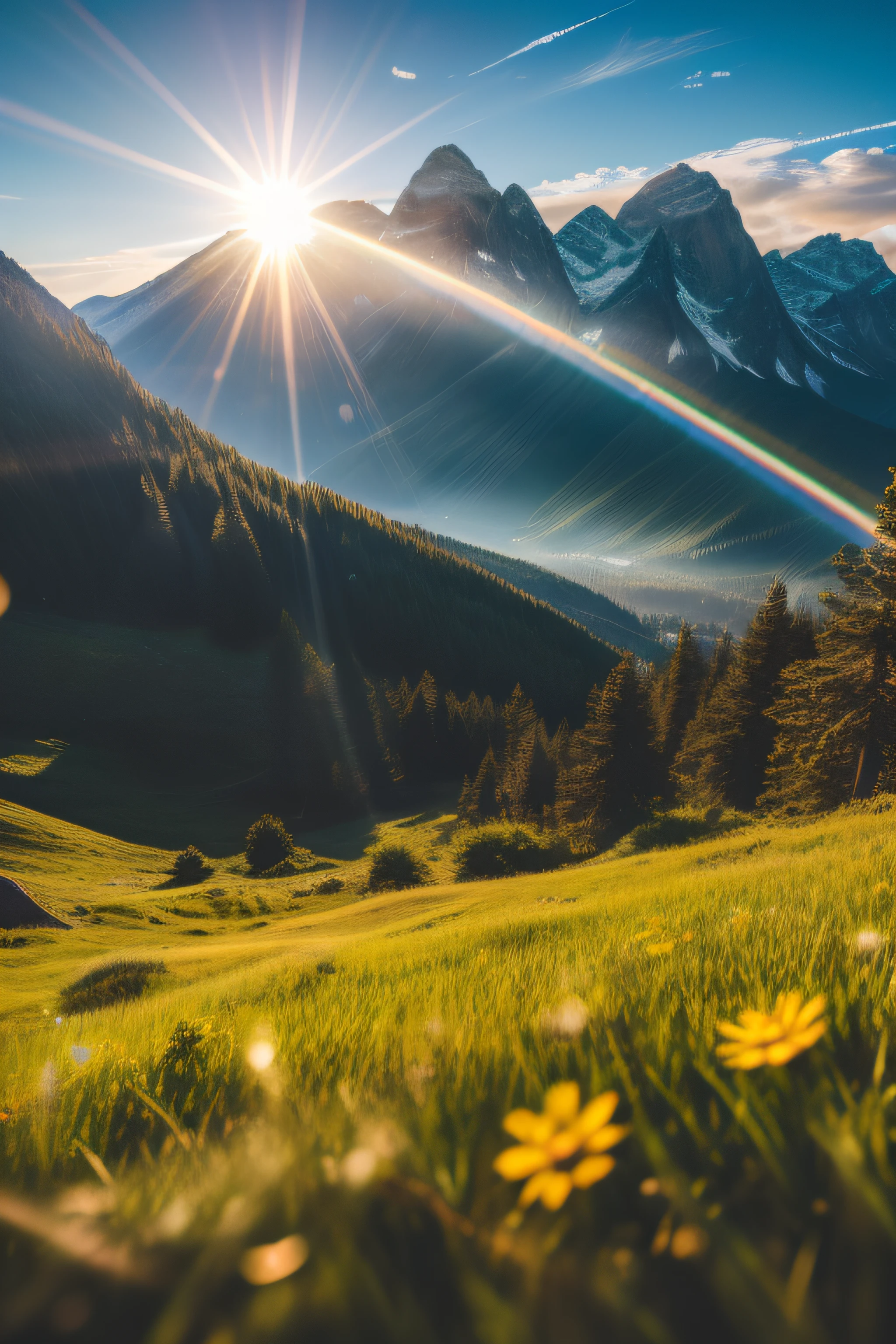 "Highly detailed RAW color Photo, Rear Angle, a stunning high-resolution landscape with majestic clouds towering overhead, accompanied by a mesmerizing lens flare, (mountains:1.1), (lush green vegetation), (highly detailed, hyperdetailed, intricate), (lens flare:0.7), (bloom:0.7), particle effects, raytracing, cinematic lighting, shallow depth of field, photographed on a Sony a9 II, 50mm wide angle lens, sharp focus."