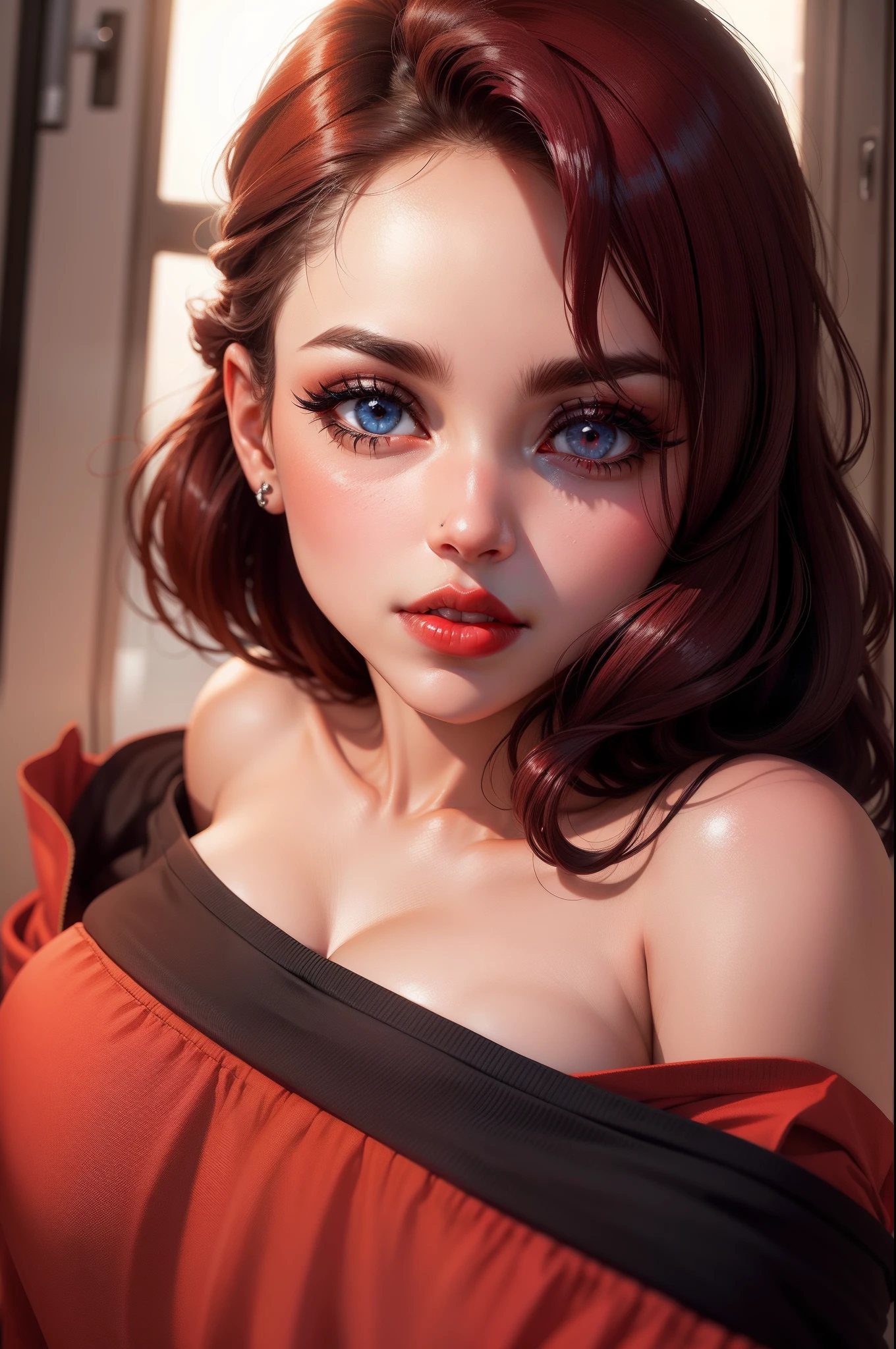 olhos azuis iguais e bonitos, thick warm red lips