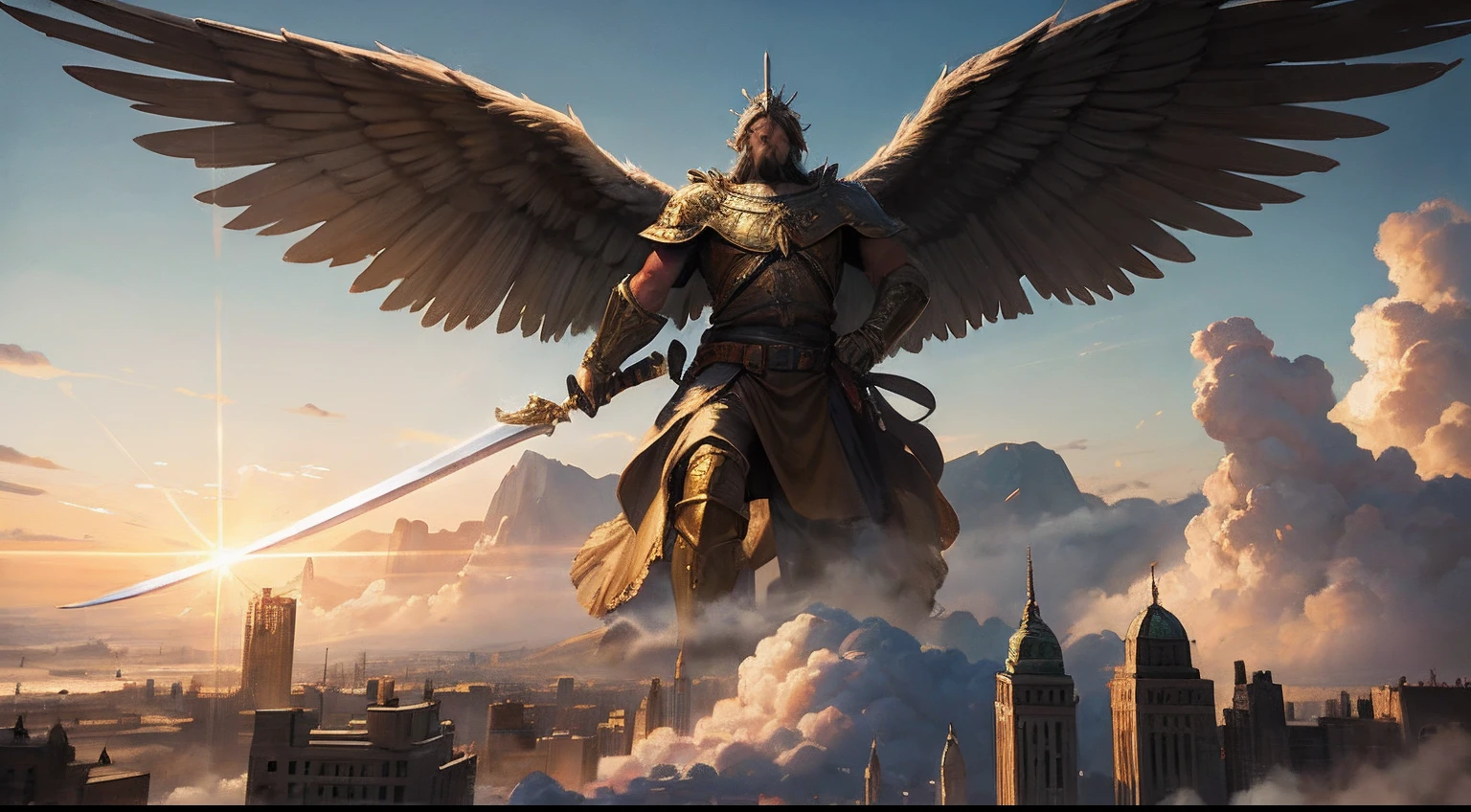(work of art), (best quality: 1.3), An epic painting of a man on a hill looking at a powerful giant angel with a sword about to destroy a city, make the painting highly detailed, utilize volumetric and cinematic lighting, use a highly large scale and a super 8k resolution