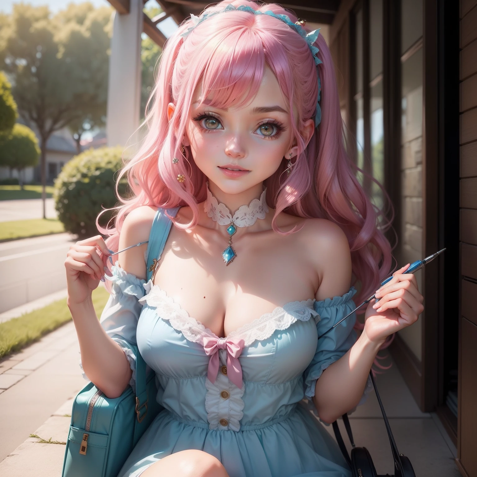 Yt channel gameing logo, Retrato anime de um personagem original corpo completo, Full-body magical heroine, volumeric lighting, melhores sombras, Atraente rosto bonito com olhos personalizado, rosto pintado perfeito, sobrancelhas finas, amplamente sorrindo, Lovely breasts, batom rosa, cabelos curtos, pixie curto cabelo rosa neon, bushy eyelashes, roupas kawaii elegantes, fofinha, cintura fina, Com Cinto De Fivela, mochila infantil, Cultura Kawaii, Magical atmosphere for children (mais alta qualidade, detalhes surpreendentes: Pinturas Coloridas Brilhantes