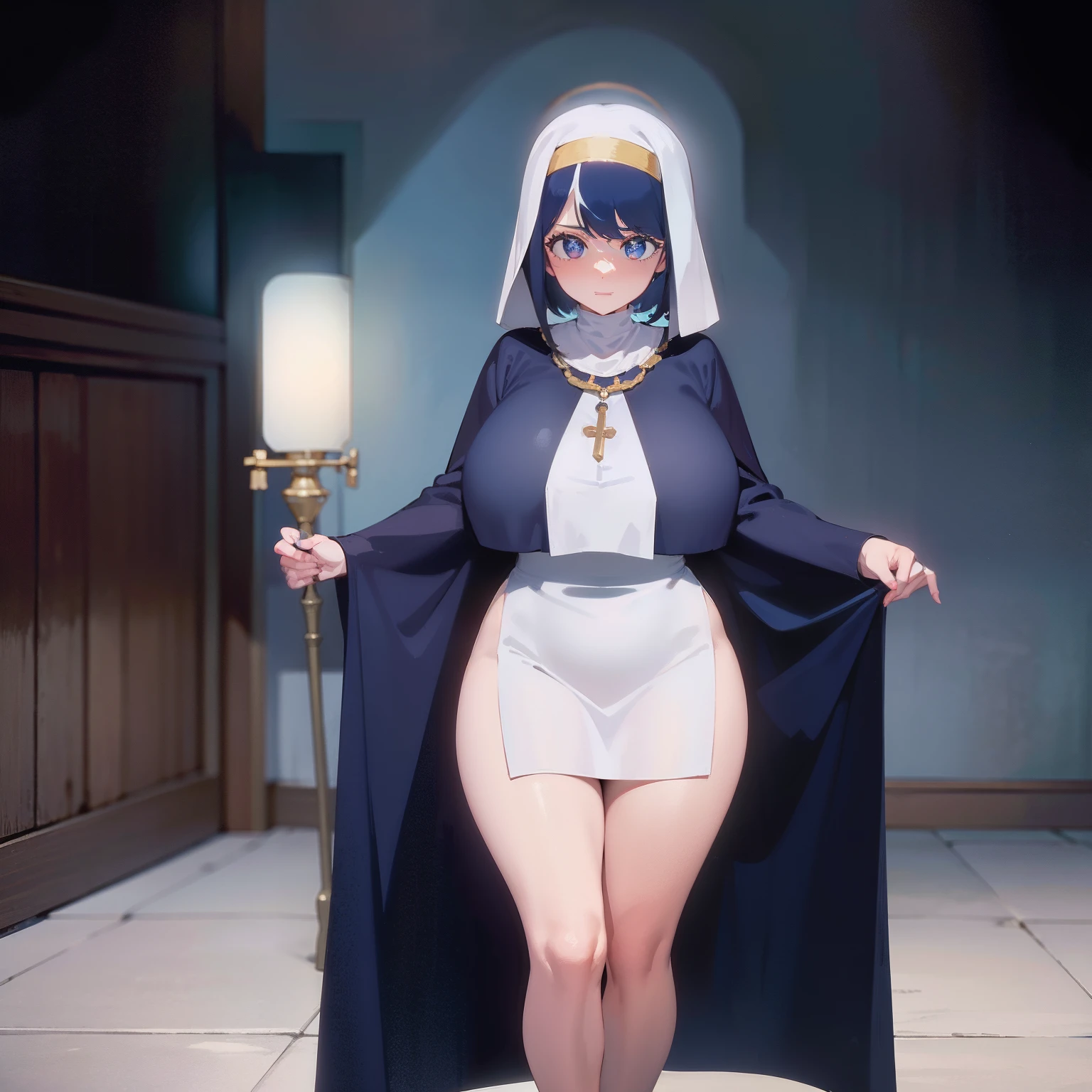 (masterpiece), best quality, expressive eyes, perfect face, beautiful, elegant, female priestess, light blue hair, bangs, short hair, dark blue nun robe, robe covers entire body, has nun headpiece on, tight clothing, curvy, plumb, big tits, big areolas, bewitching hips, red lips, full body displayed, white stockings,