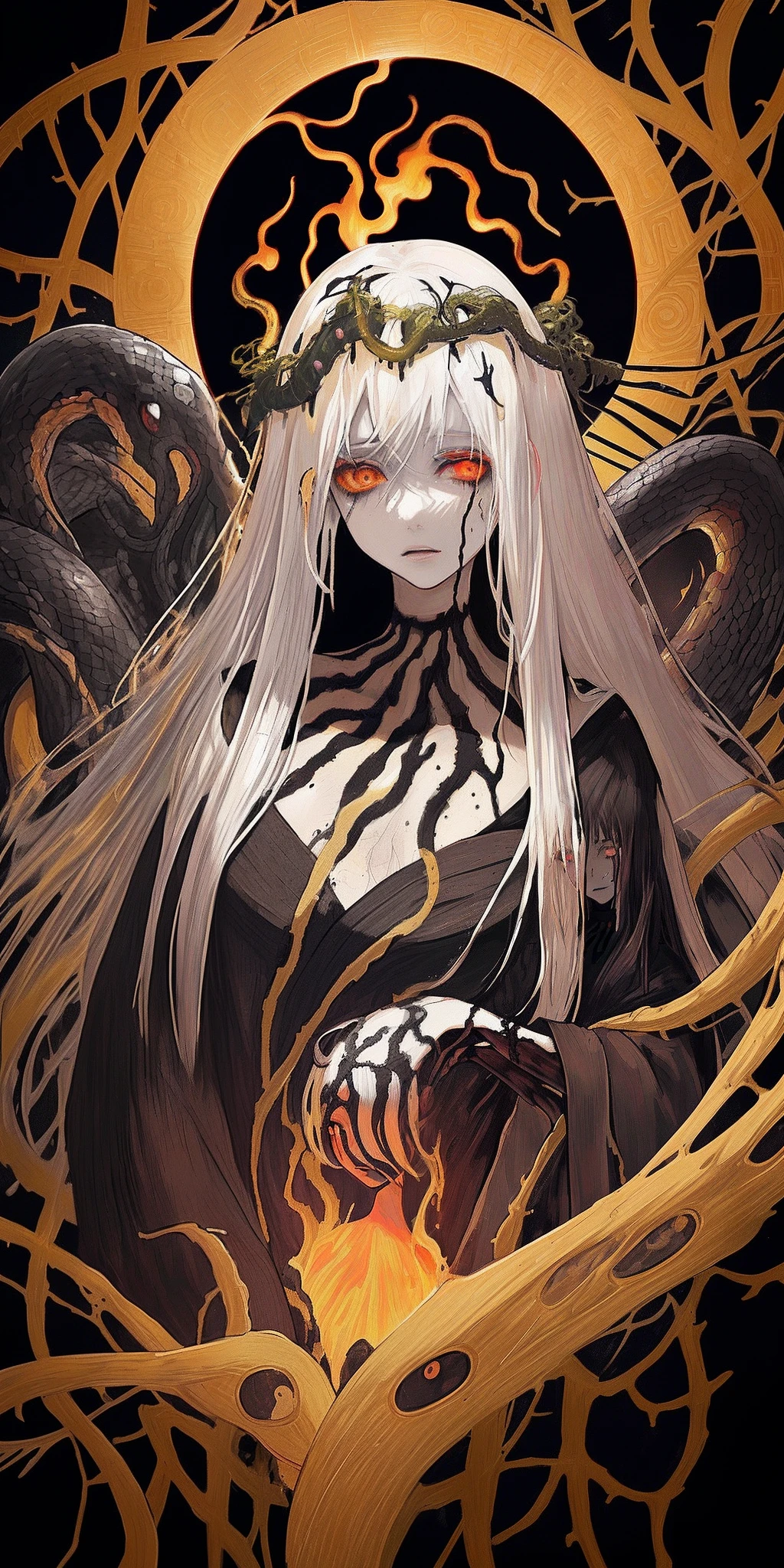 Anime portrait of young goddess with black melting makeup, scare, snake on neck, white hair, on a black background surrounded by vines, fire, klimt . Gold ornement. Esoteric