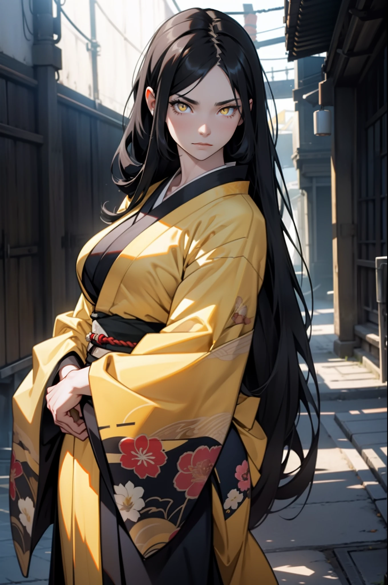 1 girl, black hair, yellow eyes, very long hair, pale skin, ((((extremely muscular)))), large breasts, curvy, (kimono), shadow, dark atmosphere