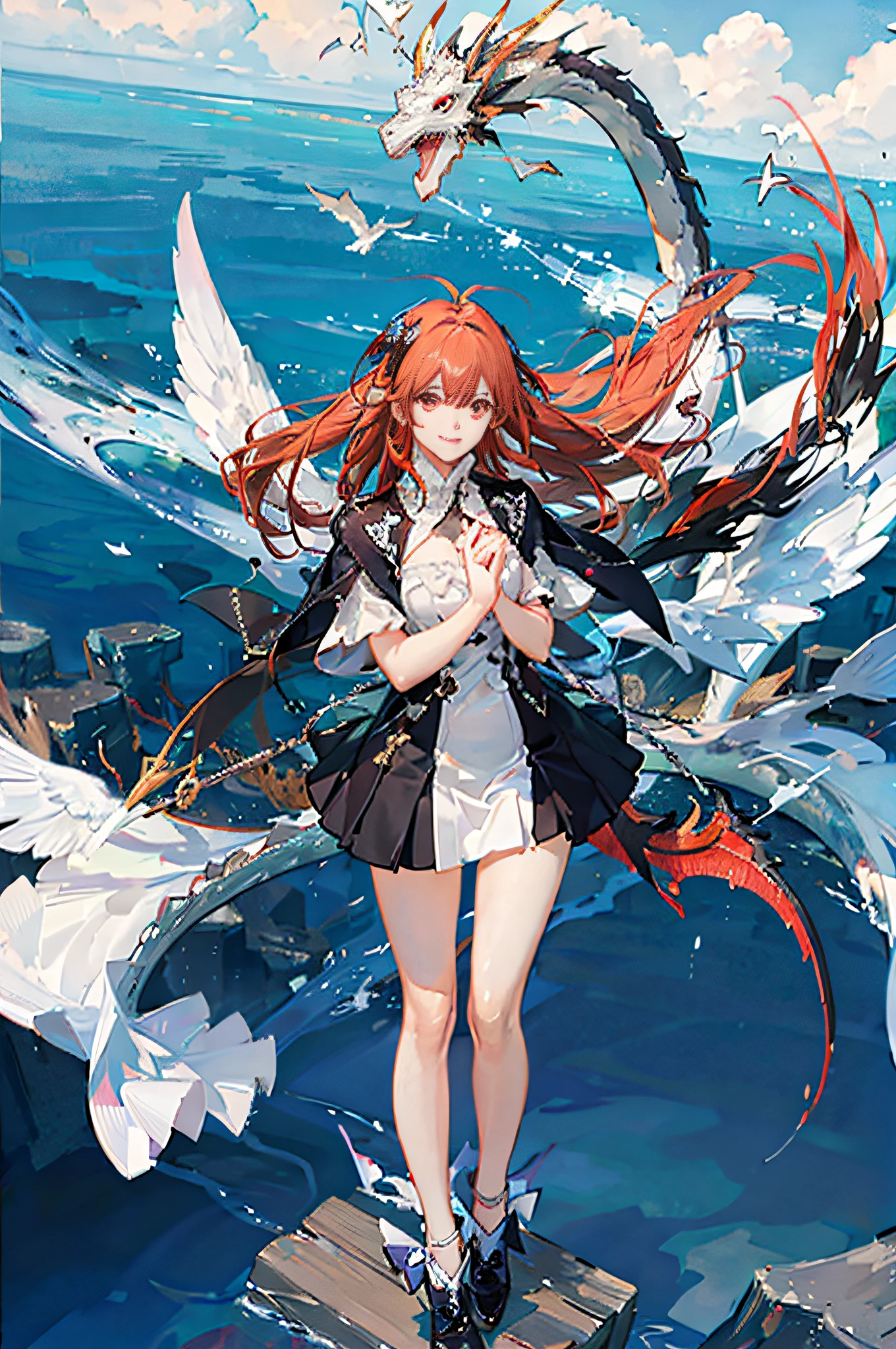 (Sheer and revealing white fluffy outfit:1.3, ),(Angel with glass wings floating on lake:1.3), (Glass Dragon Behind:1.3),shiny light brown and orange striped hair,,,,,,,,,,Cute smile,Perfect round face,A cheerful smile that makes the viewer happy,Proper body proportion,masutepiece,Super high-quality output images,hight resolution,Intricate details,Hair fluttering in a very delicate and beautiful wind,photos realistic,Dreamy,Professional Lighting,realistic shadow,Solo Focus,Beautiful hands,Beautiful fingers,Detailed finger features,detailed clothes features,Detailed hair features,detailed facial features,