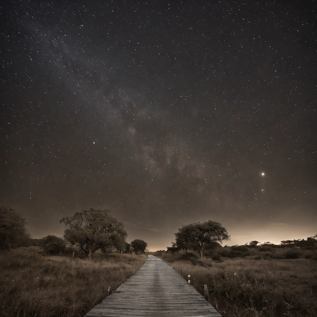 A majestic nightscape of a sky full of stars, A Lua Crescente e uma Cordilheira Distante.
