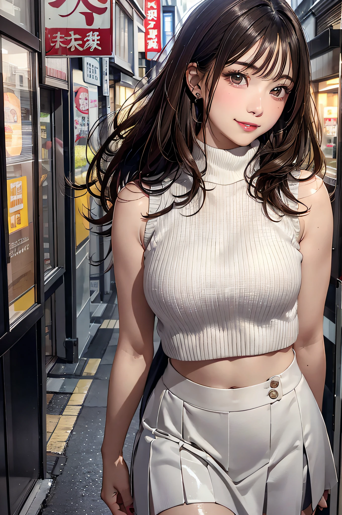Anime girl in white outfit walking down a street with a bag - SeaArt AI