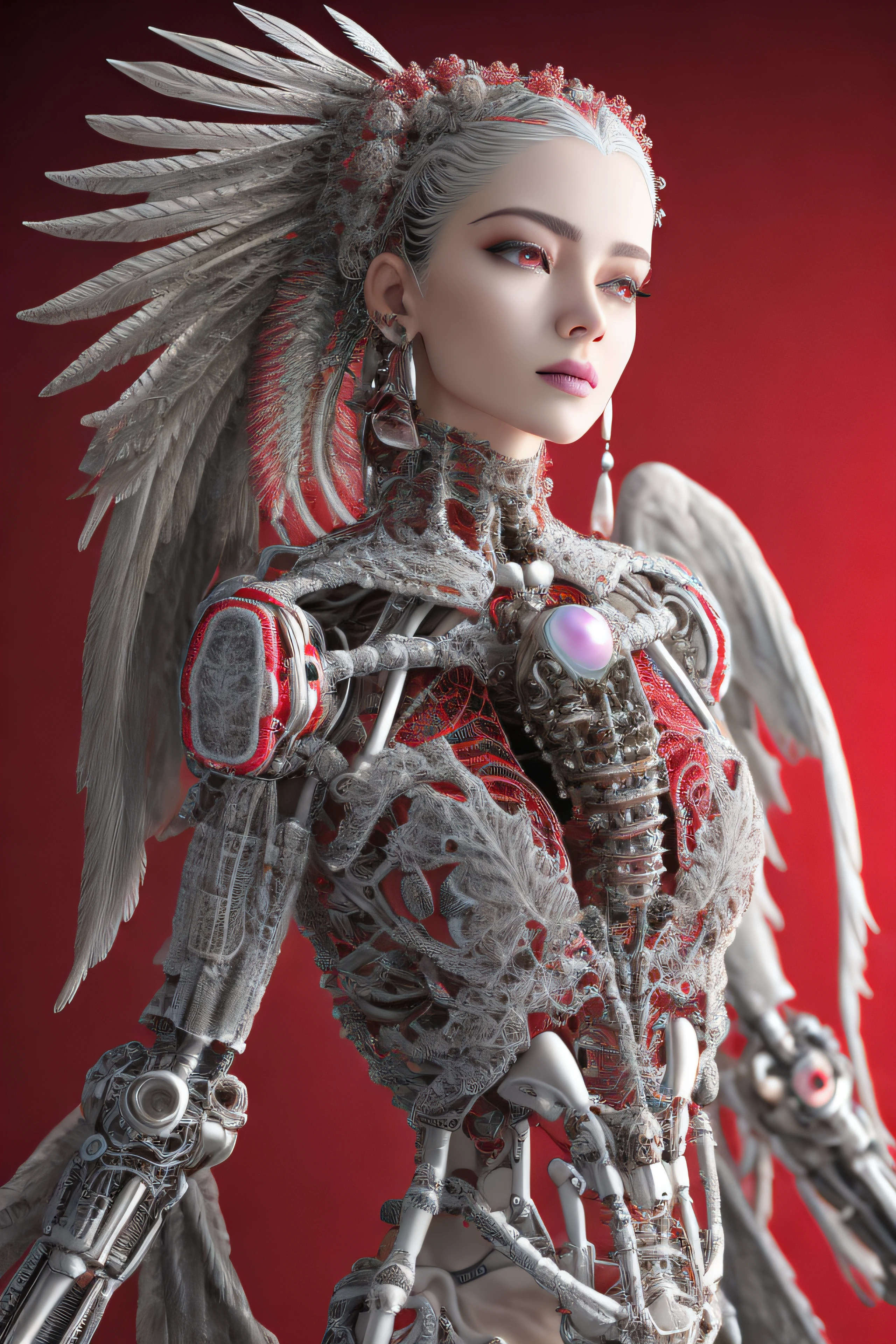 complex 3d render ultra detailed beautiful angel of death, biomechanical cyborg, 150 mm lens, beautiful natural soft rim light, large leaves and stems, roots, fine foliage lace, colorful details, Boris Bidjan Saberi clothing, pearl earrings, piercing, embroidered art nouveau fashion, intricate details, mesh thread, mandelbrot fractal, facial muscles, cable wires,  microchip, badass, hyper realistic, ultra detailed, octane rendering, volumetric lighting, 8k post-production, red and white with a bit of black, detailed metal bones, semi human, iridescent colors, Glenn Brown style, white room, god power, high angle shot, complex body poses