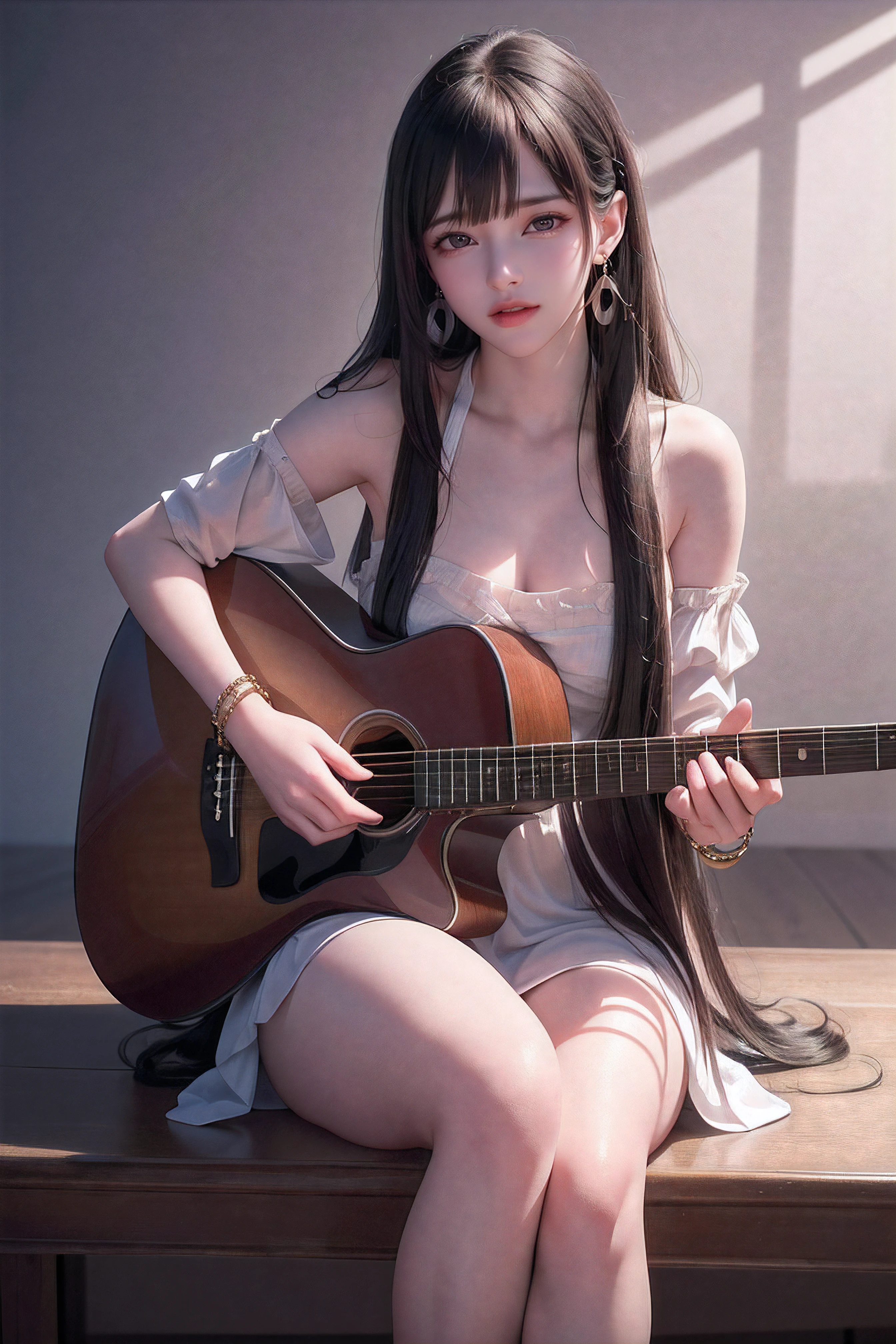 (8k, RAW photo, best quality, masterpiece:1.2),(realistic, photo-realistic:1.37),photo mapping,professional lighting,radiosity,1girl,solo,long_hair,(bracelet:1.1),(long legs:1.2),(earrings:1.1),physically-based rendering,proscenium,performance,be seated,unconventional guitar,close up to hands,British dress