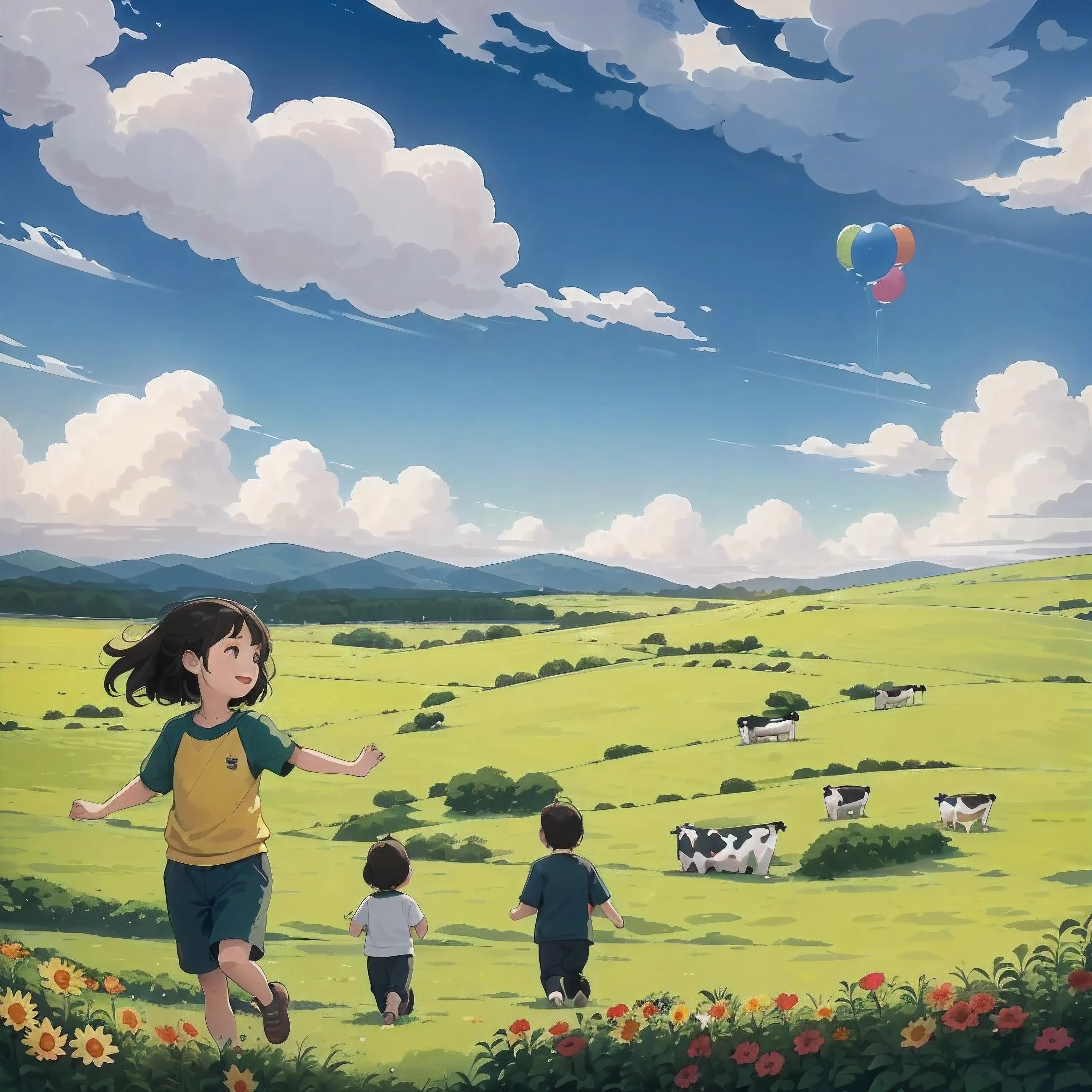 Anime scene of a girl and two boys running and playing in a steppe ranch,There are cows grazing in the distance of the pasture，Herd，taur， anime countryside landscape, ，author：Kiyochika Kobayashi, author：Kentaro Miura, ghibli artstyle, ghibli artstyle, studio ghibli artstyle, ( ( Makoto Shinkai ) ), Today's featured anime stills, author：Hiroshi Yamagata, makoto shinkai art style