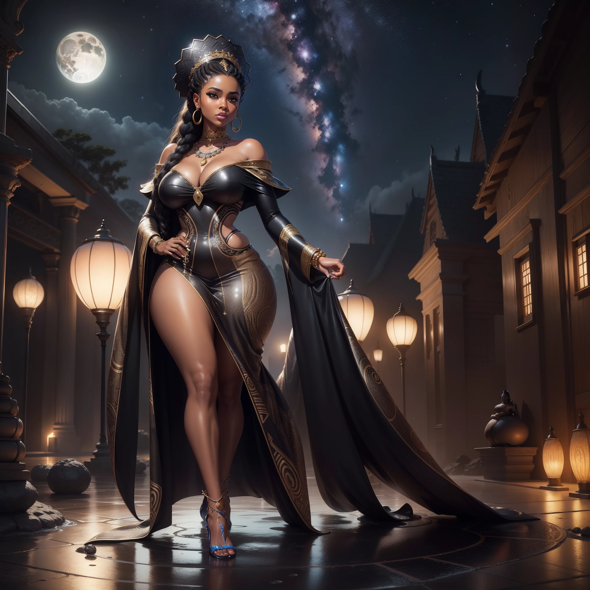 A beautiful curvy black woman dressed in african design clothes and beads standing on a wet surface ground,  with african designed sculptures in the background with the moonlight and night sky full of stars, African designed instruments in the scene, with iridescent light, highly detailed images, vibrant beautiful colours, photorealistic image, 8k, ultra HD, unreal engine rendered, cinematic lighting, artgerm style,