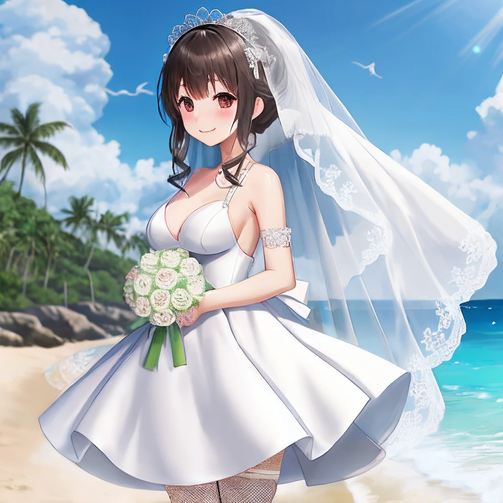 wedding dress、fishnet tights、Beach、tits out、poneyTail、be shy、chiku