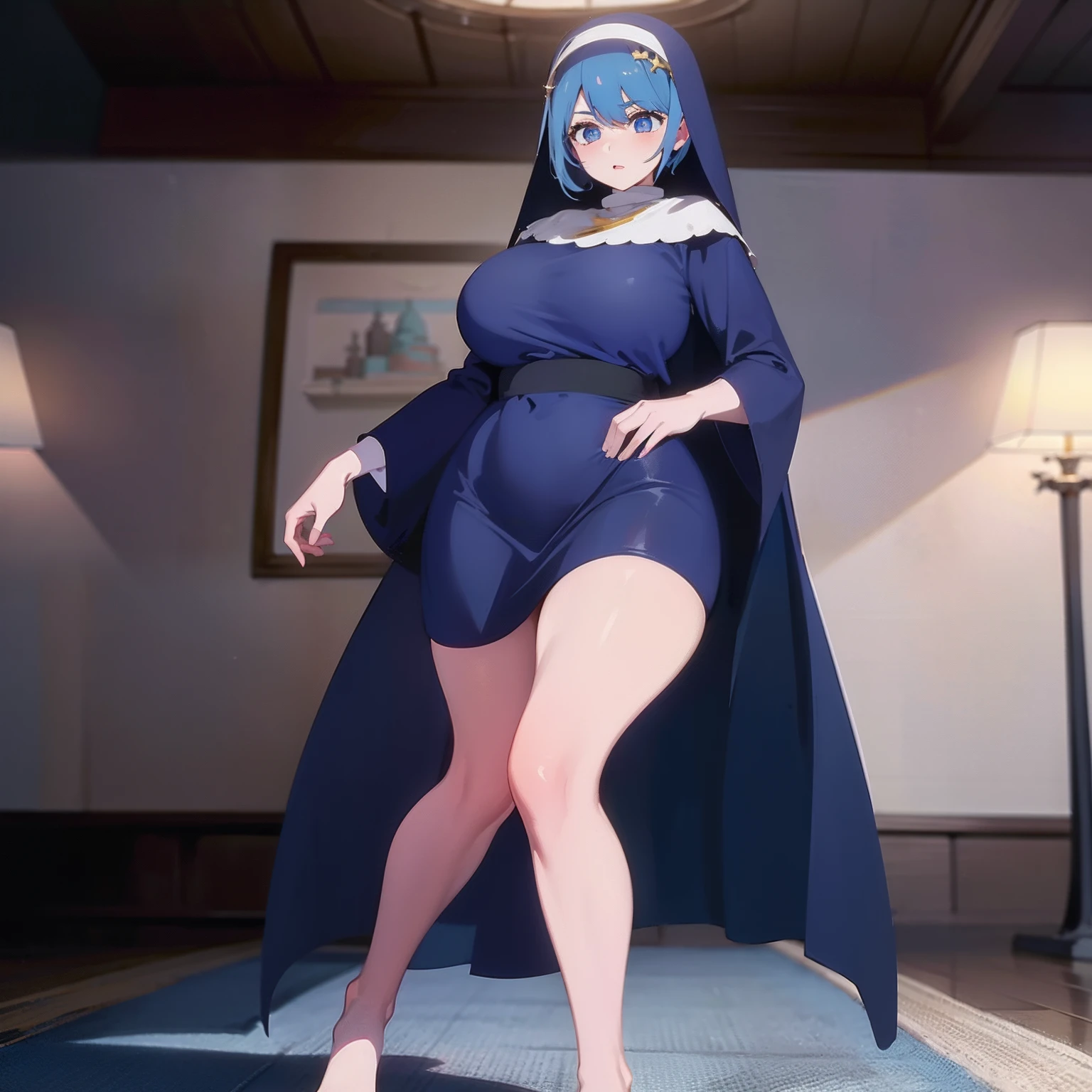 (masterpiece), best quality, expressive eyes, perfect face, beautiful, elegant, female priestess, light blue hair, bangs, short hair, dark blue nun robe, robe covers entire body, has nun headpiece on, tight clothing, curvy, plumb, big tits, big areolas, bewitching hips, red lips, full body displayed, white stockings,