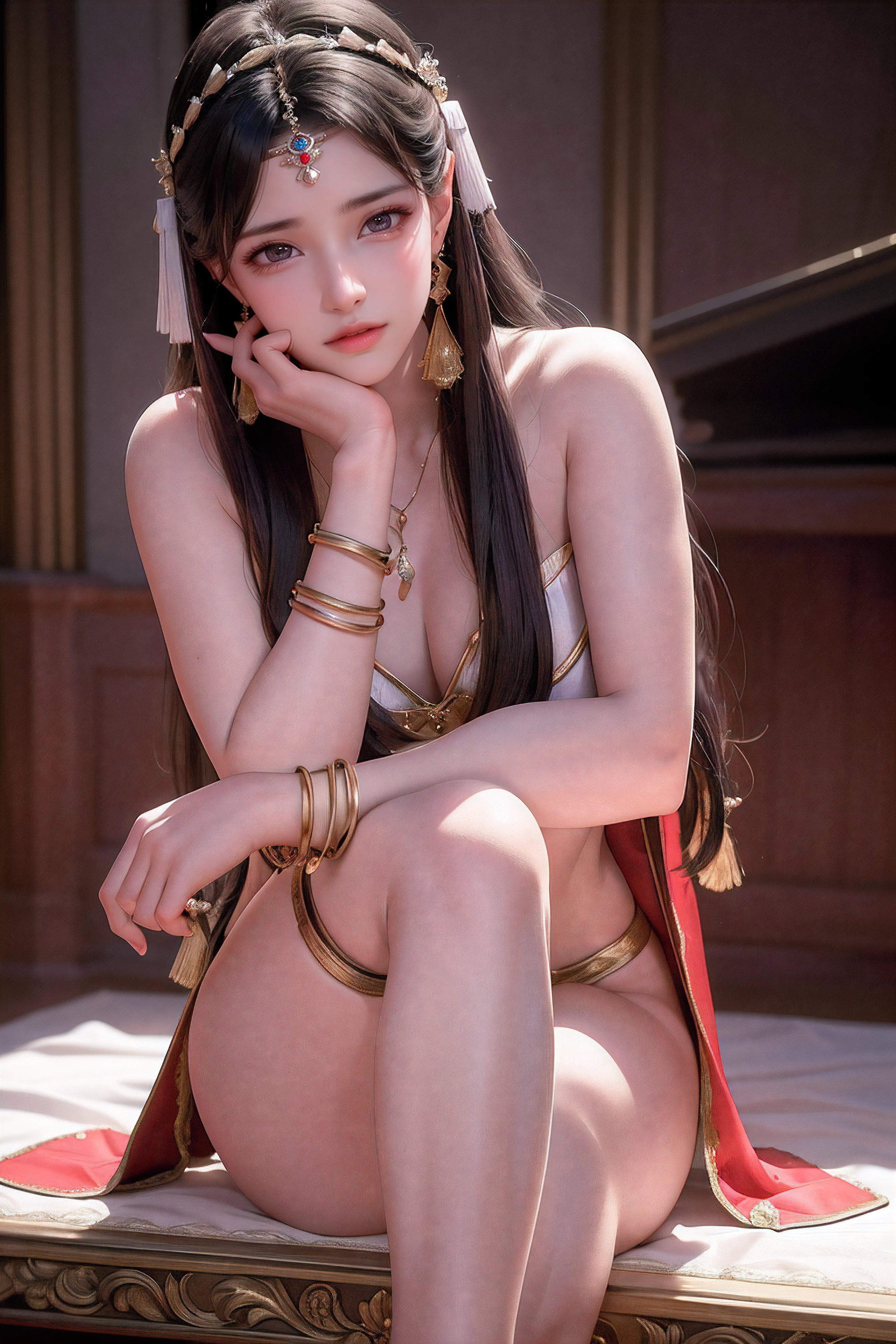 (8k, RAW photo, best quality, masterpiece:1.2),(realistic, photo-realistic:1.37),photo mapping,professional lighting,radiosity,1girl,solo,long_hair,(bracelet:1.1),(long legs:1.2),(earrings:1.1),physically-based rendering,proscenium,performance,be seated,close up to hands,Persian costumes