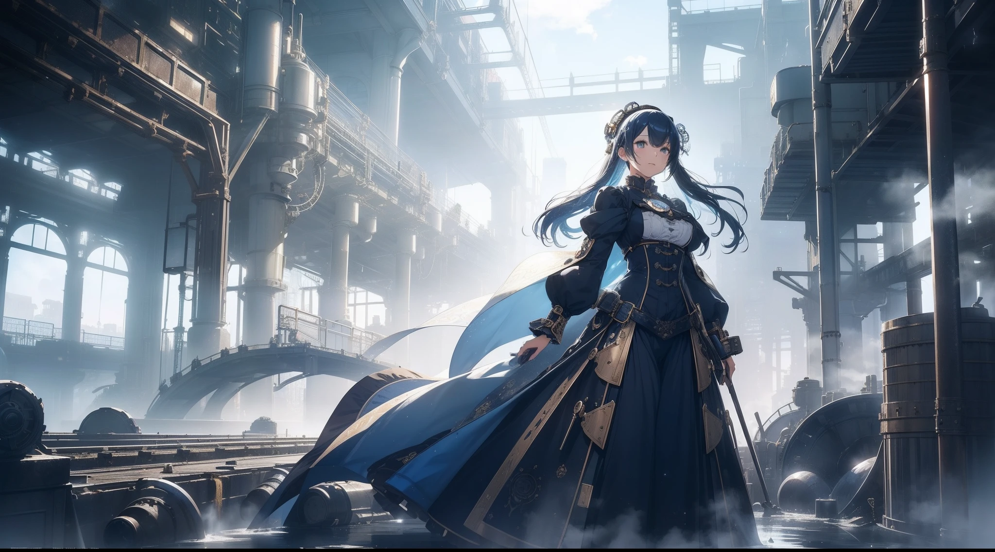masutepiece, 8K,超A high resolution, Top resolution, Accurate rendering, Beautiful and smooth depiction, Overhead view, Very cute woman in anime style, Autumn makeup, Eyes drawn in great detail, Wearing a high-level dress in Victorian steampunk style, Costume with built-in water cooling mechanism, Blue straight hair, ((Intricately designed piping and gear, Sky blue coat adorned with countless gears and chronometers, Full body, Abundant steam, )), zoomout, high sky, Galaxy Images, Perspective, ((Faint smile)), Emitting countless nixie lights, (((A retro Victorian-style industrial city surrounded by rugged valleys, Countless factories, An industrial city built with countless gears and pipes, Bright city decorated with nixie lights, Steam overflow, Spatial expanse, Sunlight is covered with steam, Random structure))), (((radiant light, Splash expression))), Cleanly rendered, Smooth Rendering, Detailed rendering, ink drops, splashart,