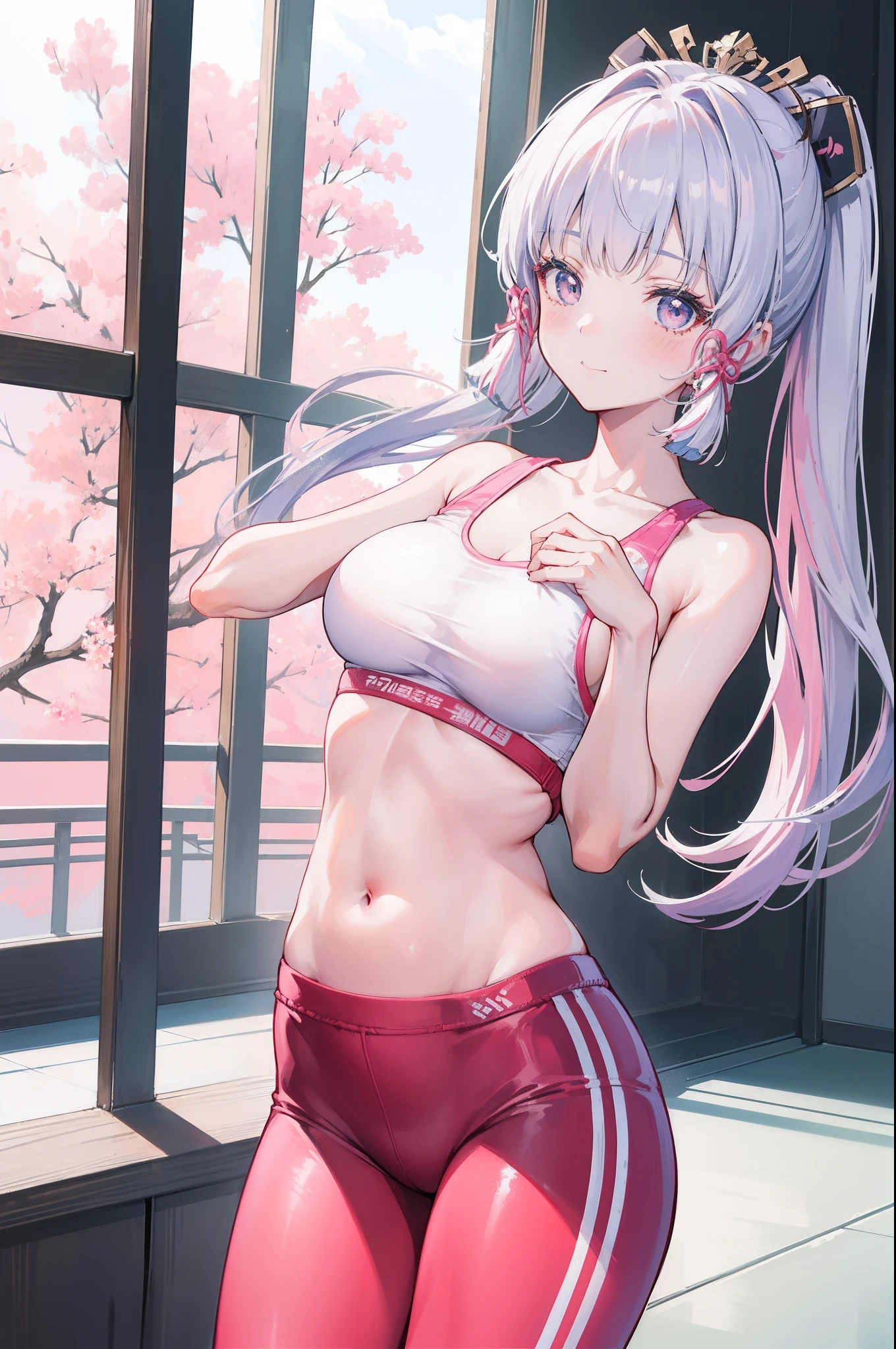 (masterpiece)1 girl, Ayaka, Genshin Impact, best quality, expressive eyes, perfect face, upper Big body, smile, blush, Wearing Gym Red Leggings and Skin Tight Pink and White Sports Bra, indoors, day, simple background, Bright sky, looking at viewer, stairs, moody lighting