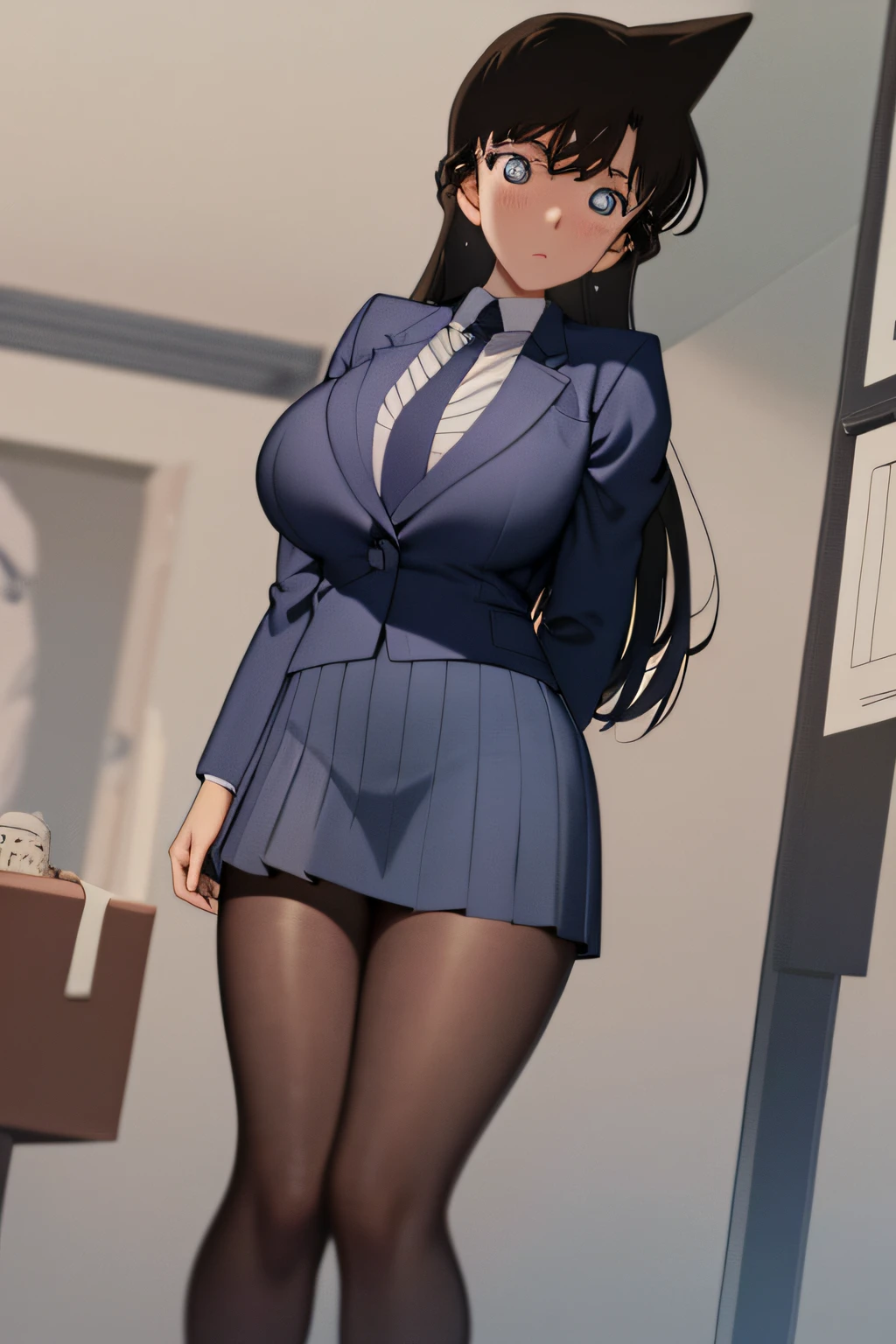 ((masterpiece)),((best quality)),ultra-detailed,illustratio,Explicit,nsfw,Beautiful body,Beautiful Nose,Beautiful character design,perfect eyes,perfect face,wallpaper,ultra highres,4K,photography,(Beautiful, large breasts:1.2),(beautiful face:1.2),(beautiful legs, perfect legs),(meitantei conan \(style\), detecive conan \(style\), meitantei conan),shiny skin,anime screencap,official style,Mori Ran,(black hair, long hair, wavy hair),1girl,solo,necktie,skirt,blue eyes,jacket,looking at viewer,outdoors,school uniform,green necktie,pleated skirt,white shirt,blush,street,black jacket,collared shirt,shirt,blazer,road,long sleeves,black skirt,miniskirt,bangs,lamppost,standing,wing collar,closed mouth,building,day,upper body,Be red in the face,Blushlush