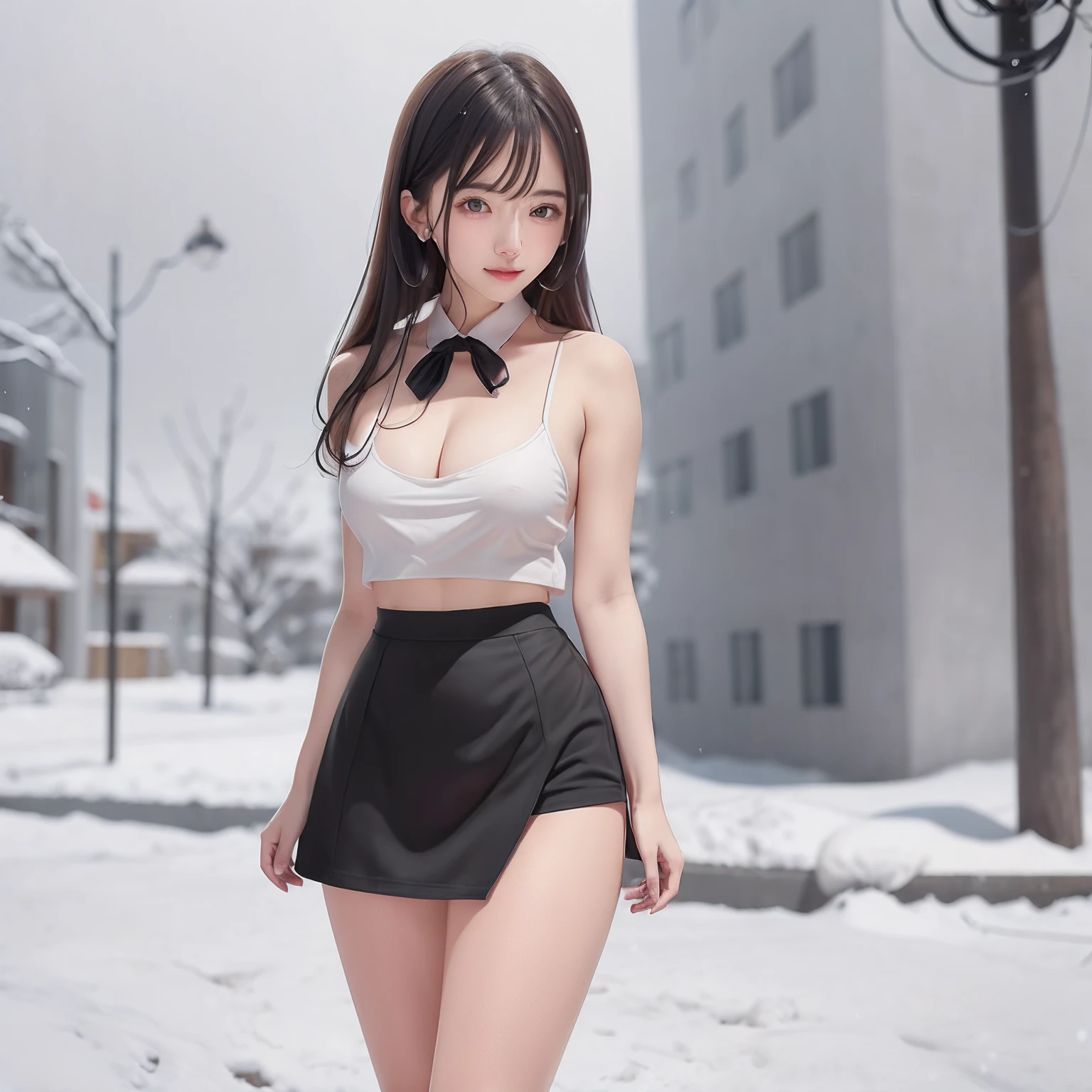 There is a girl in boob window crisp white top with black tie and black short high waist skirt, standing outdoor, snowing, hyper realistic,