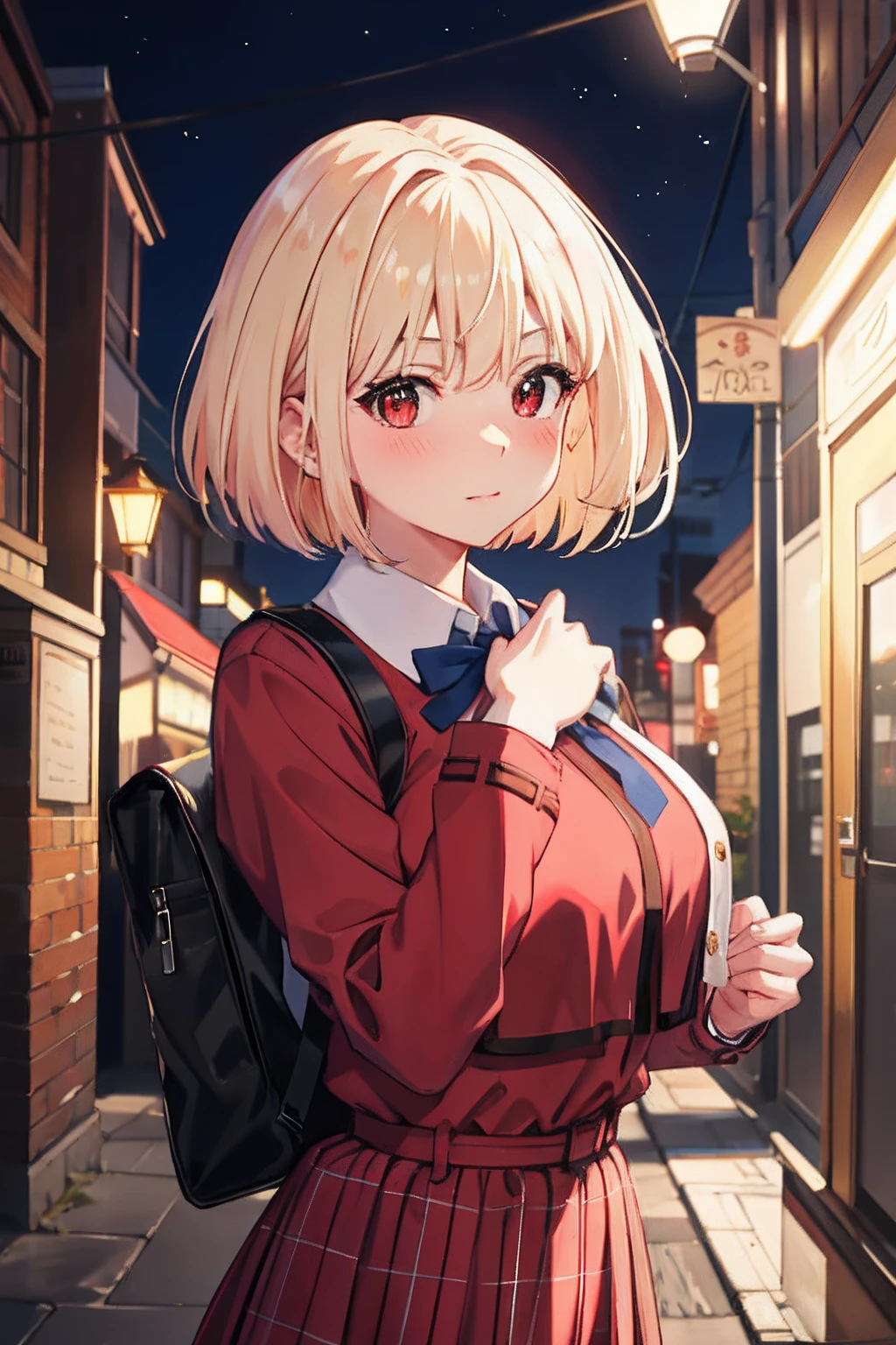 masterpiece, city alley at night, ((blushing)), ((lewd expression)), hearts in the eyes, upper body, from front, looking at viewer, center of the image, focused in chest and face, large breasts, huge breasts, top-quality, Chisato Nishikiki、Platinum Blonde Hair、Anime girl with red eyes,bob cuts,Anime visuals of cute girls,Smooth Anime、an anime girl、hi-school girl、Plaid uniform、long-sleeve, Plaid Dresses,