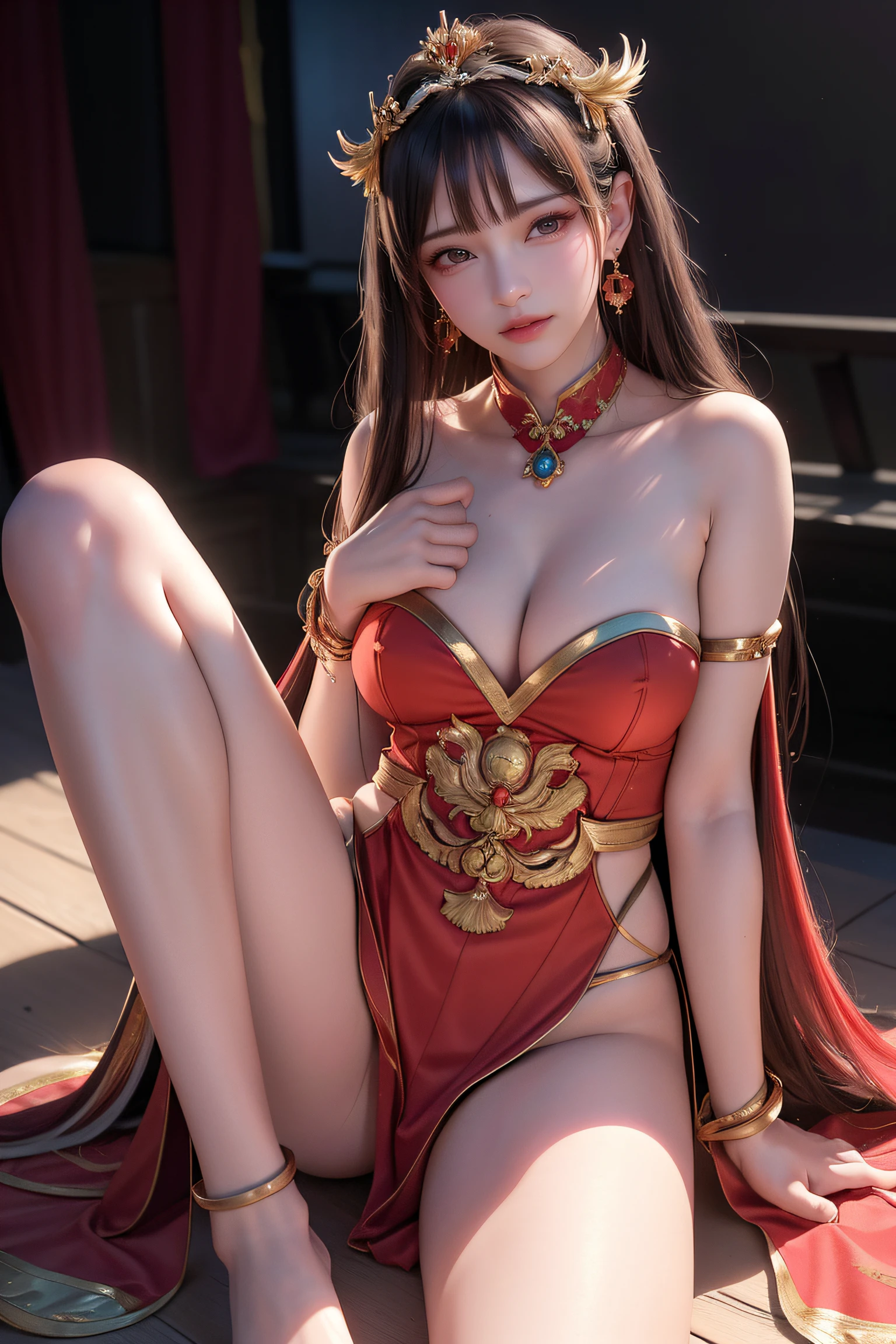 (8k, RAW photo, best quality, masterpiece:1.2),(realistic, photo-realistic:1.37),photo mapping,professional lighting,radiosity,1girl,solo,long_hair,(bracelet:1.1),(long legs:1.2),(earrings:1.1),physically-based rendering,proscenium,performance,be seated,close up to hands,Chinese costumes,Please,Phoenix crown,Kasumi
