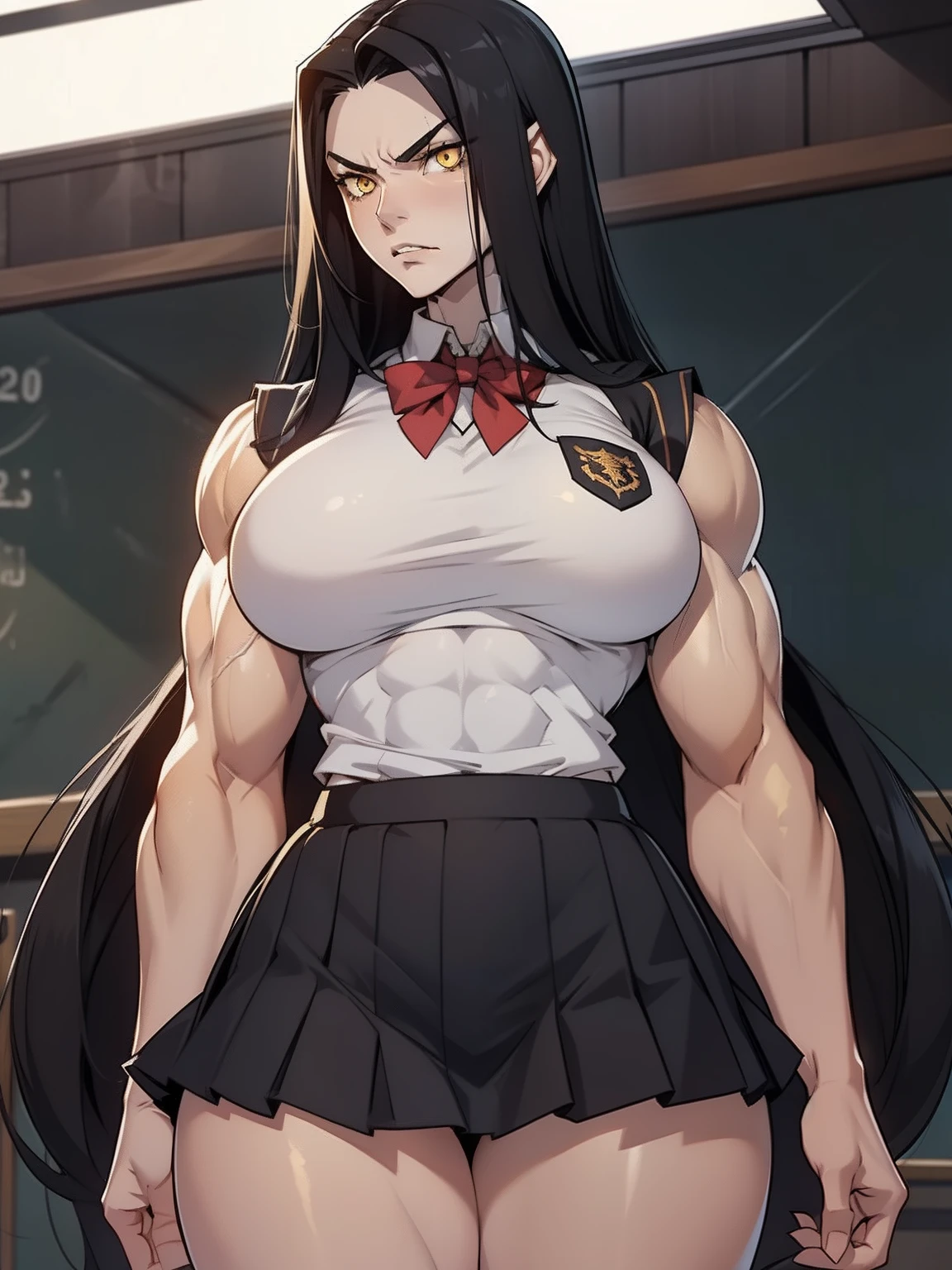 (1girl), black hair, extremely long hair, yellow eyes, (((muscular))), huge breasts, thick thighs, solo, angry, (pale skin), cowboy shot, (school uniform)