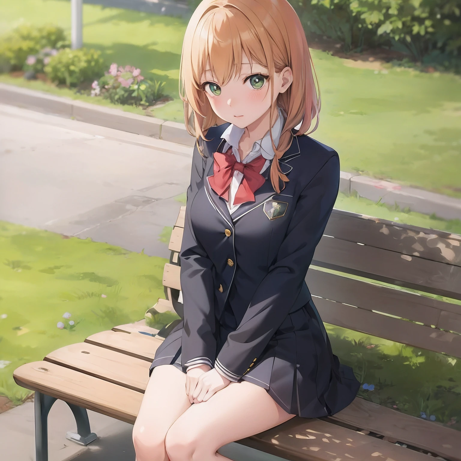 anime girl sitting on a bench in a park with a green lawn, beautiful anime high school girl, smooth anime cg art, cute anime girl, anime visual of a cute girl, young anime girl, a hyperrealistic schoolgirl, pretty anime girl, realistic schoolgirl, attractive anime girl, sitting on a bench, beautiful anime girl, sitting on a park bench