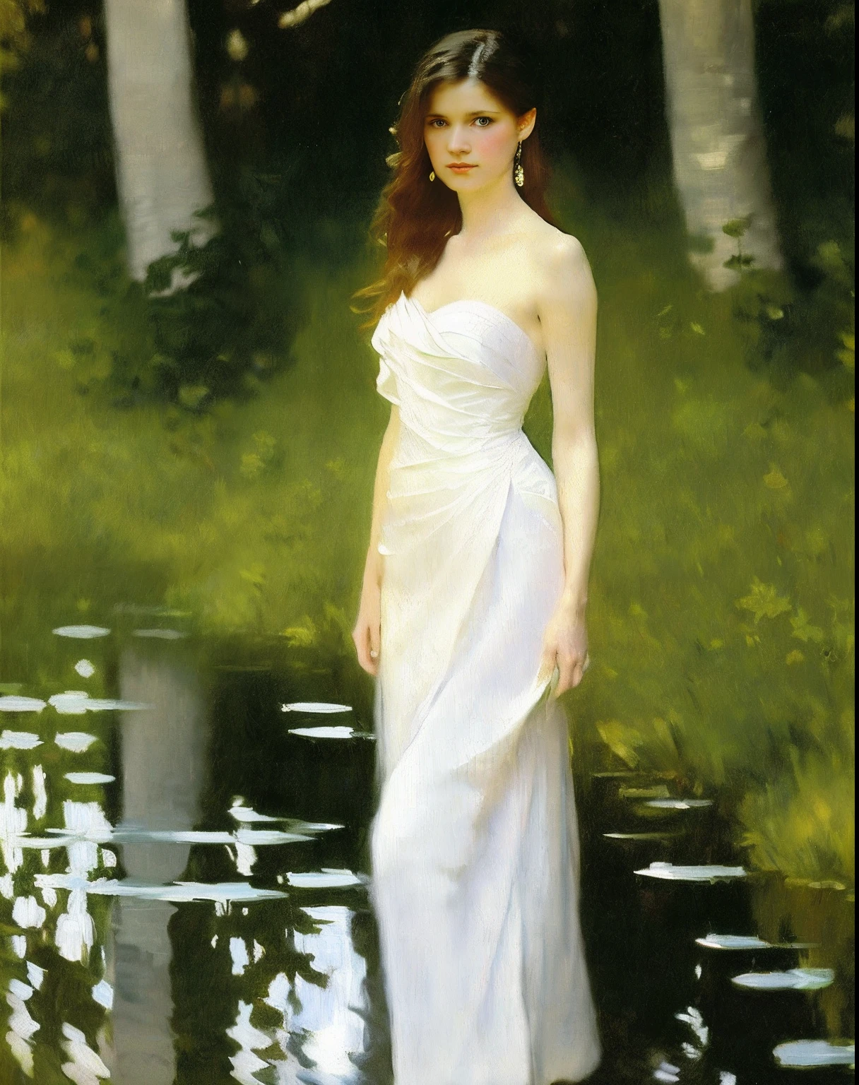 ((( Singer Sargent oil painting ))) young 21 year old redhead siberian woman ((( asian eyes ))) ((( empire type strapless white dress))) long shot, shoulder length hair, corkscrew hairstyle, ((bending to wards to take water from a small creek )) forest at twilight, soft ligth out of focus background, Large strokes ，Easy brushstrokes， textured