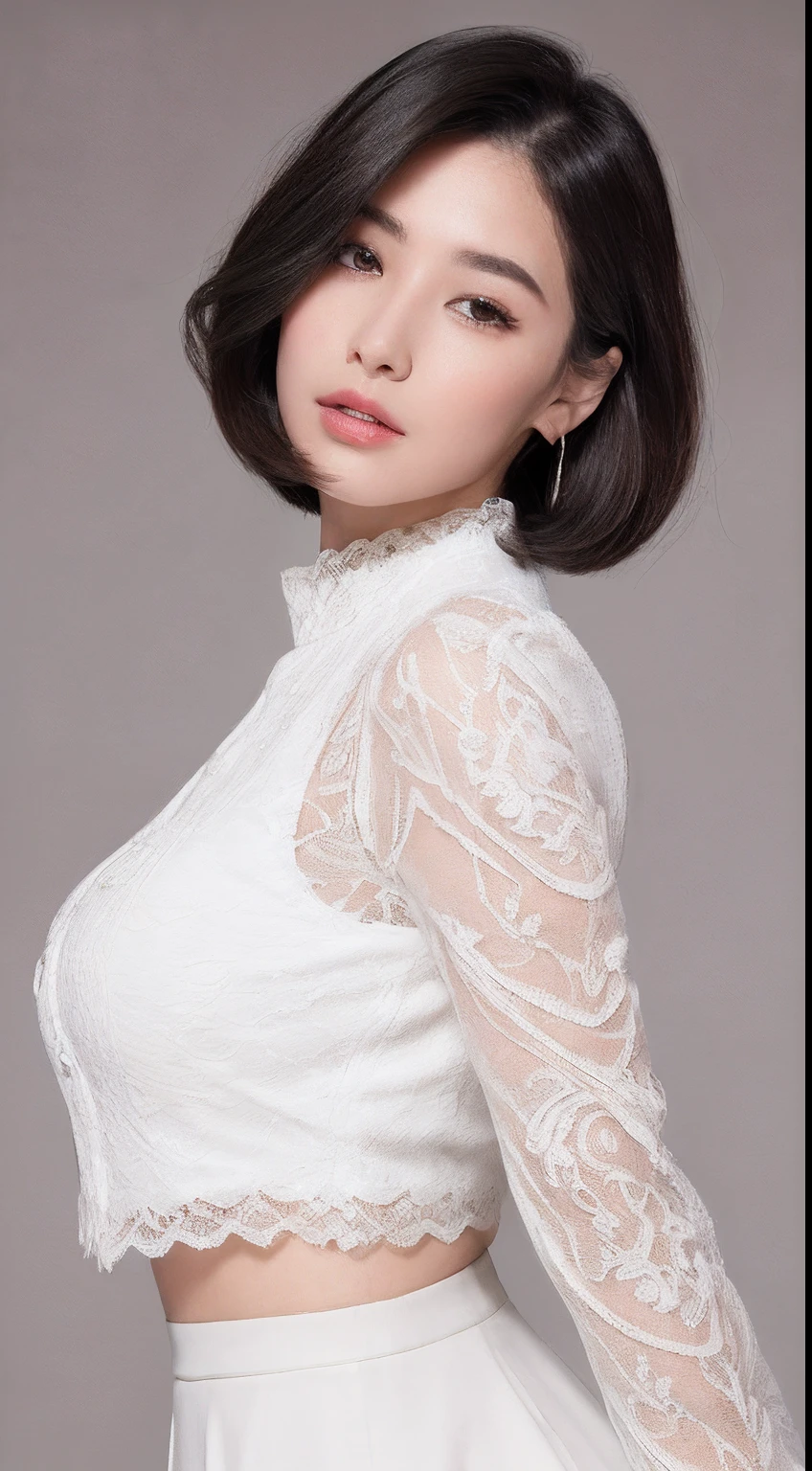 ((top-quality、8K、masterpiece:1.3))Ultra High Image Quality1.3、SLR Quality、Full-size quality、Cute Beauty 1.4、Transcendent Beauty 1.4、Real Skin 1.3、Marble background、Full body depiction 1.3、女の子1人、Glamour beautiful woman:1.3、(Bob Hair 1.3、huge-breasted:1.4)、sexy facial expression、big eye、Long Sleeve White Lace High Neck Shirt:1.1、hyperdetailed face、ultradetailed eyes、super-detaild skin、Ultra detailed hands、Ultra-detailed fingertips on the face、Super detail beautiful legs、Super detailed beautiful hair、Ultra-detailed cloth、put one's hand over one's mouth、Korean Beauties、White lace skirt、piercings、beautiful and long legs、high-heels、Standing like a model、Walking、Stretching legs、 a beauty girl、The ultimate legline beauty、