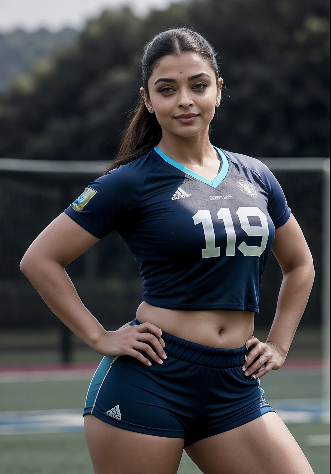 Aishwarya Rai as football player, no bindi, blue micro mini shorts, athletic mature curvy milf figure, micro tight top, football boots with high socks, breasts out, healthy milf figure, ponytail hair, posing outdoors in football field for boys, bright sunny day, big breasts, seductive face, look at camera and smile, erotic adult face, 45 yo, volumetric lights, intricate details, (ArtStation:1.2)
