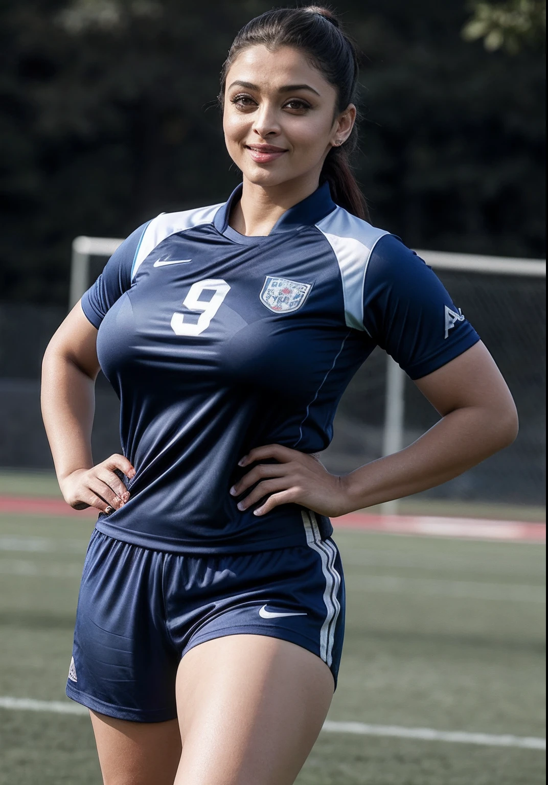 Aishwarya Rai as football player, no bindi, blue micro mini shorts, athletic mature curvy milf figure, micro tight top, football boots with high socks, breasts out, healthy milf figure, ponytail hair, posing outdoors in football field for boys, bright sunny day, big breasts, seductive face, look at camera and smile, erotic adult face, 45 yo, volumetric lights, intricate details, (ArtStation:1.2)