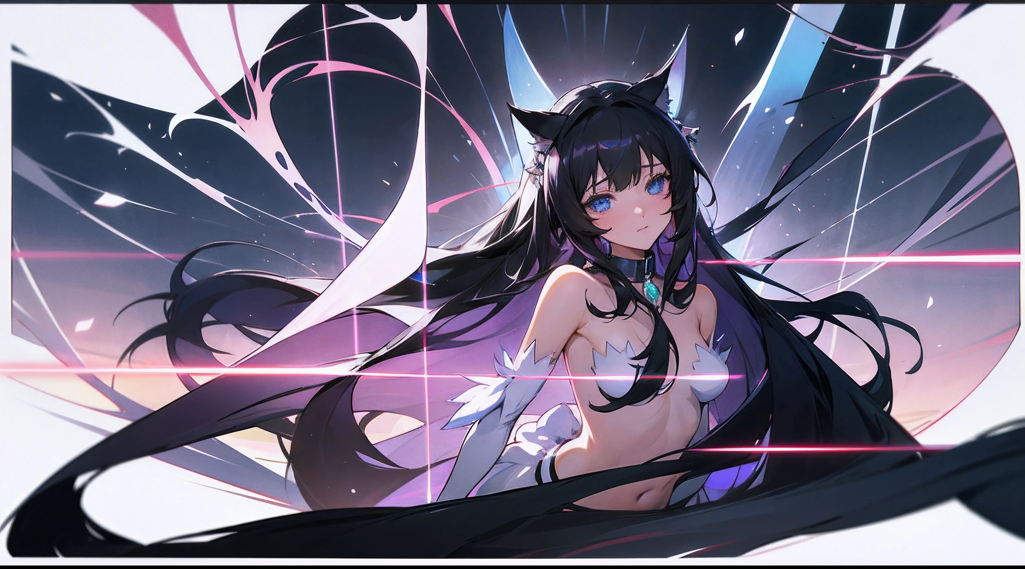 Anime girl with long black hair and blue eyes wearing a crown, exposed bare shoulders, beautiful anime catgirl, Hestia, Very beautiful anime cat girl, Anime goddess, detailed anime character art,trinkets,Collar,cat ear,Anime art wallpaper 8k,Armour,bare stomach,a flat chest,SENSE OF CINEMA,Delicate face,Flat chest,Full body like,Less clothes,Less fabric,Harnes,silkouette,semi transparent,