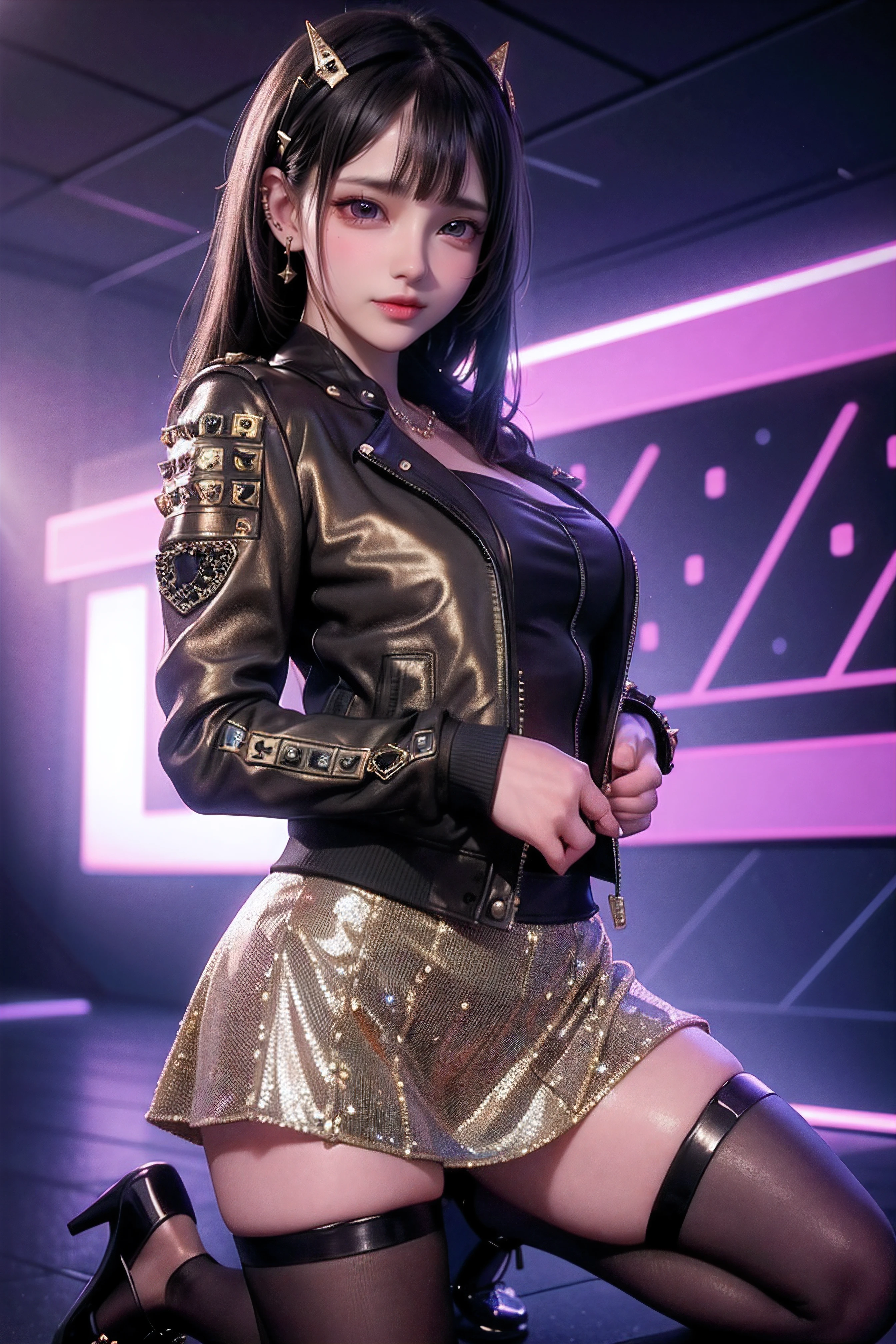 ulzzang-6500-v1.1,(original photo:1.2),(realistic:1.4),beautiful detailed girl,very detailed eyes and face,beautiful detail eyes,ridiculous,incredibly ridiculous,super detailed,high resolution,very detailed,best quality,masterpiece,illustration,very detailed,CG,unified,8k wallpaper,amazing,fine detail,masterpiece,best quality,face light,movie lights,1 girl,16 years old,((dynamic pose))),((sexy pose))),(camel toe),(pantyhose),(Leather_jacket_with_embellishments:1.5),(Sequin_mini_skirt:1.4),(Studded_heels:1.3),(Nightlife_disco_background:1.4),upper body,