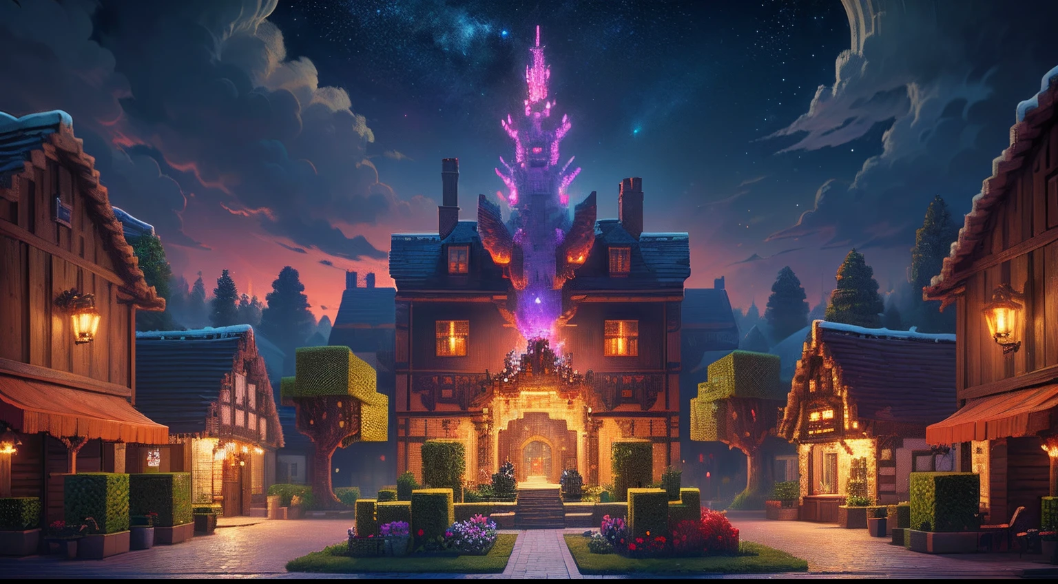 Masterpiece, best quality, high quality, extremely detailed CG unity 8k wallpaper, pixelart minecraft-inspired village in the night, cute, pixel dragon in the sky,  multiple houses, tree in the middle of village, gigantic tree,