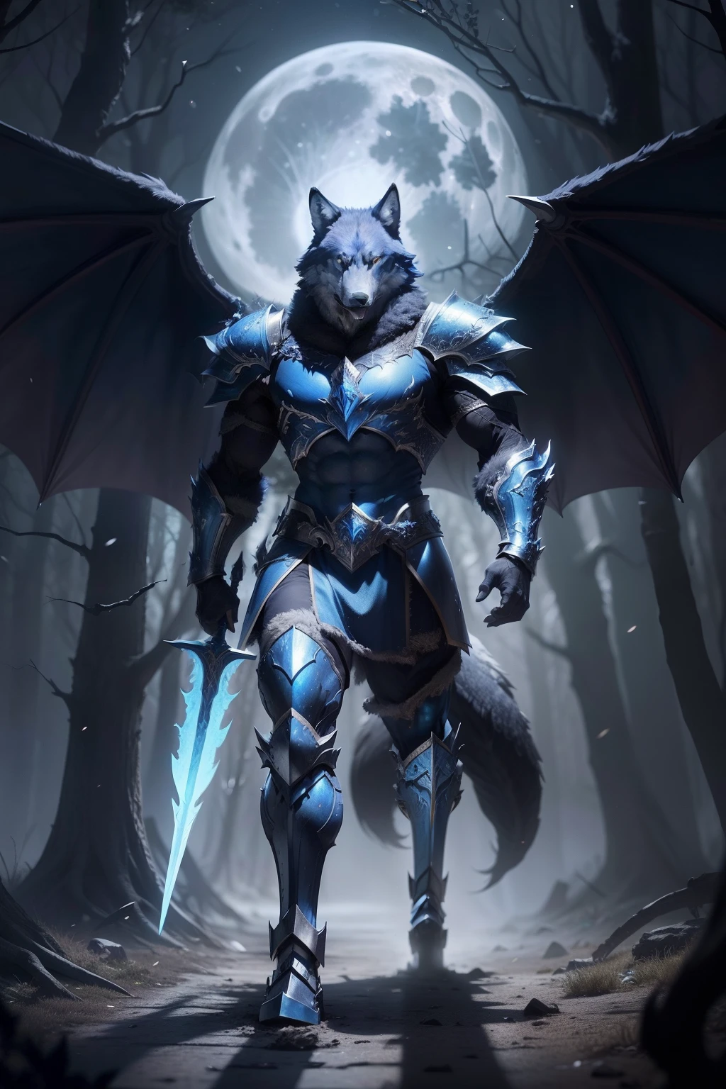 a full-length wolf in blue armor, very muscular, with dragon wings and sword-shaped arms, in the background of a haunted forest and full moon, 8k, ultrarealistic